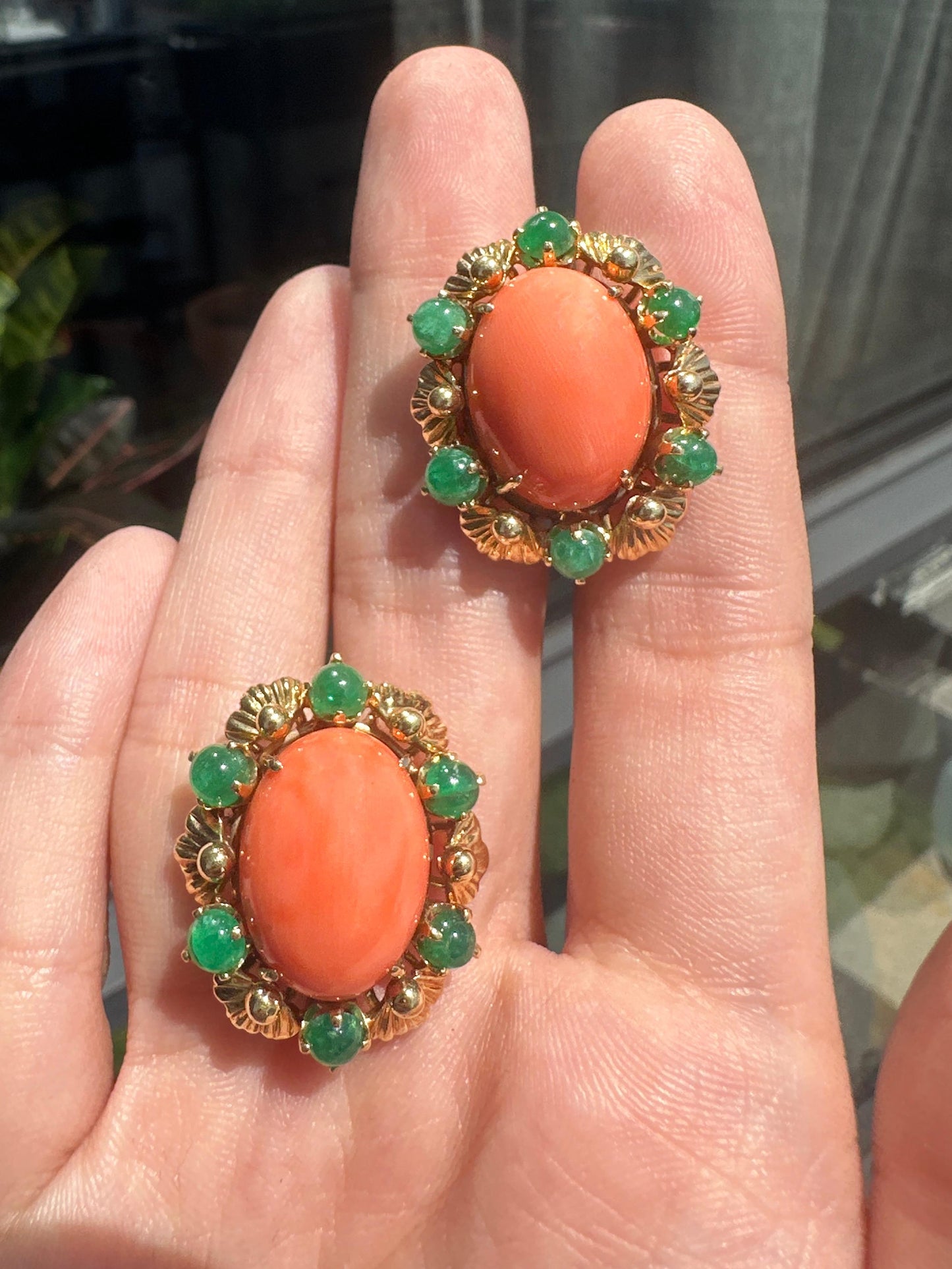 18k Yellow Gold Cabochon Coral and Emerald Earrings