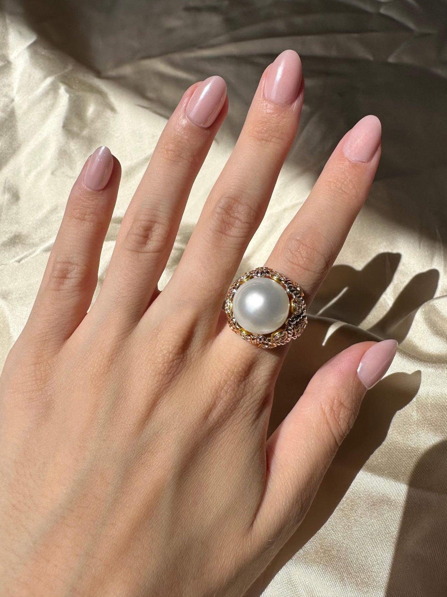 18K Two Tone Diamond and Pearl Cocktail Ring