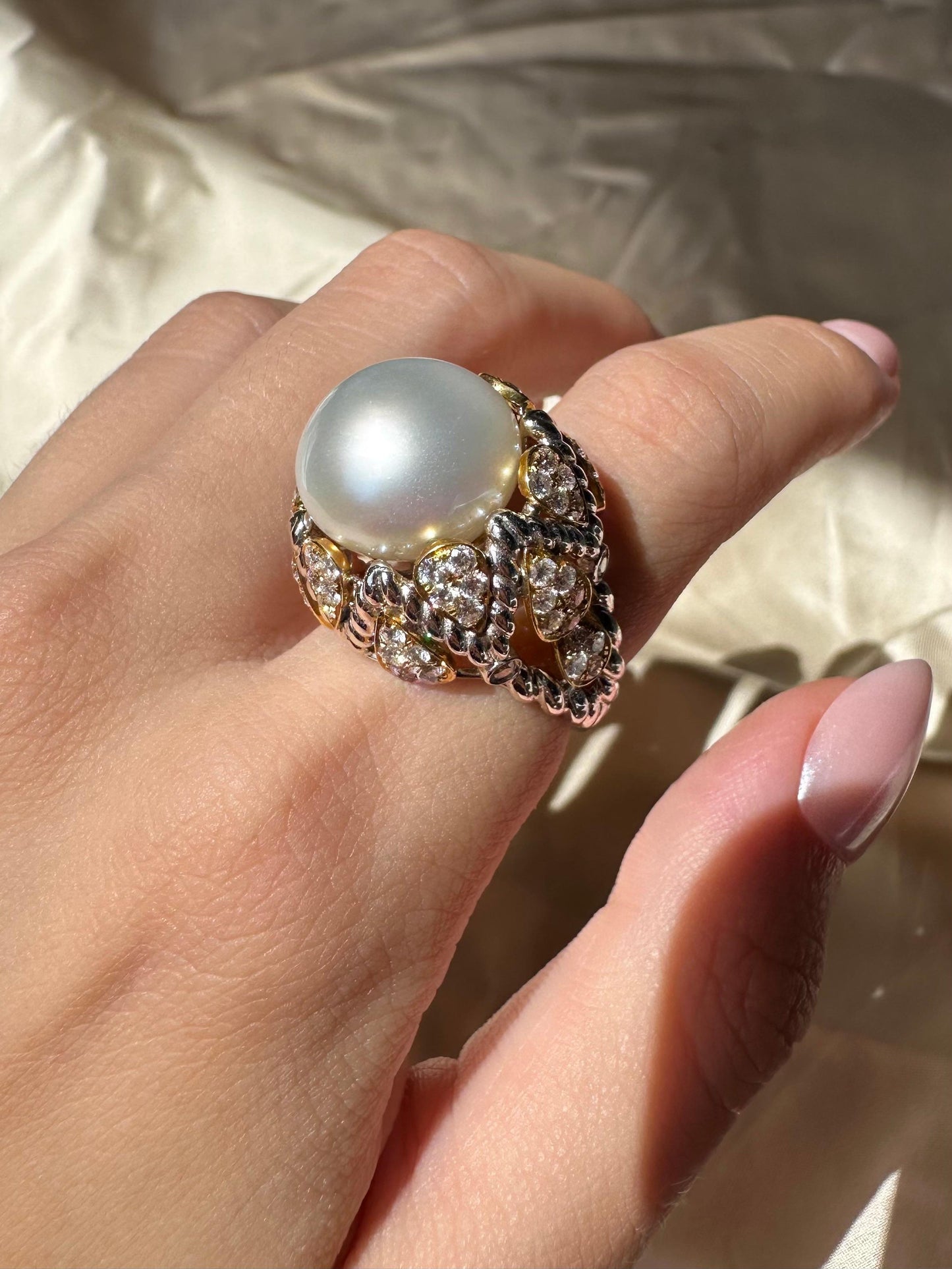 18K Two Tone Diamond and Pearl Cocktail Ring