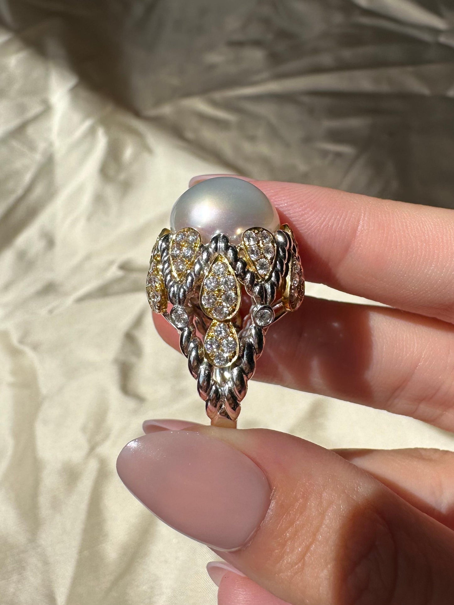 18K Two Tone Diamond and Pearl Cocktail Ring