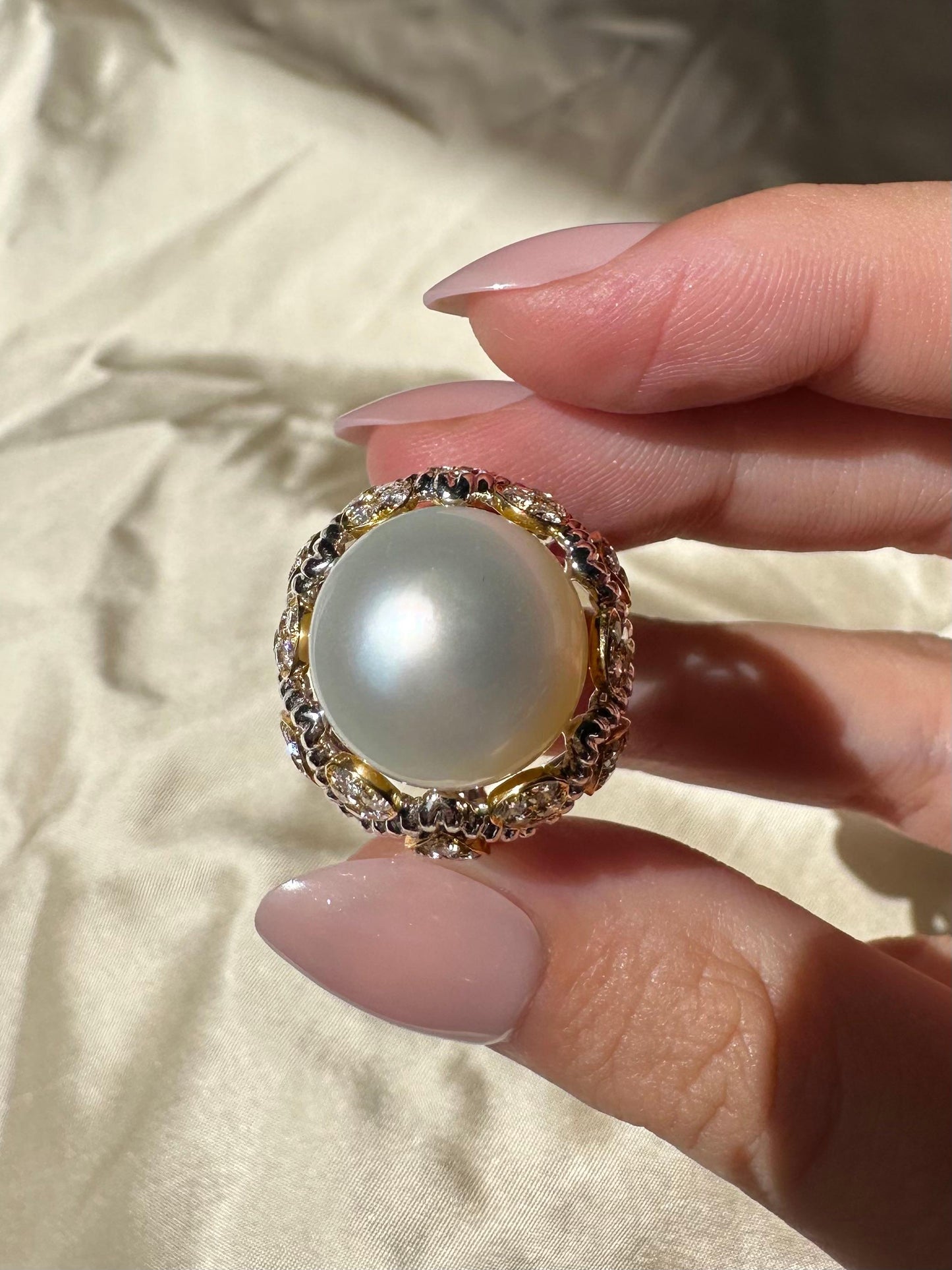 18K Two Tone Diamond and Pearl Cocktail Ring