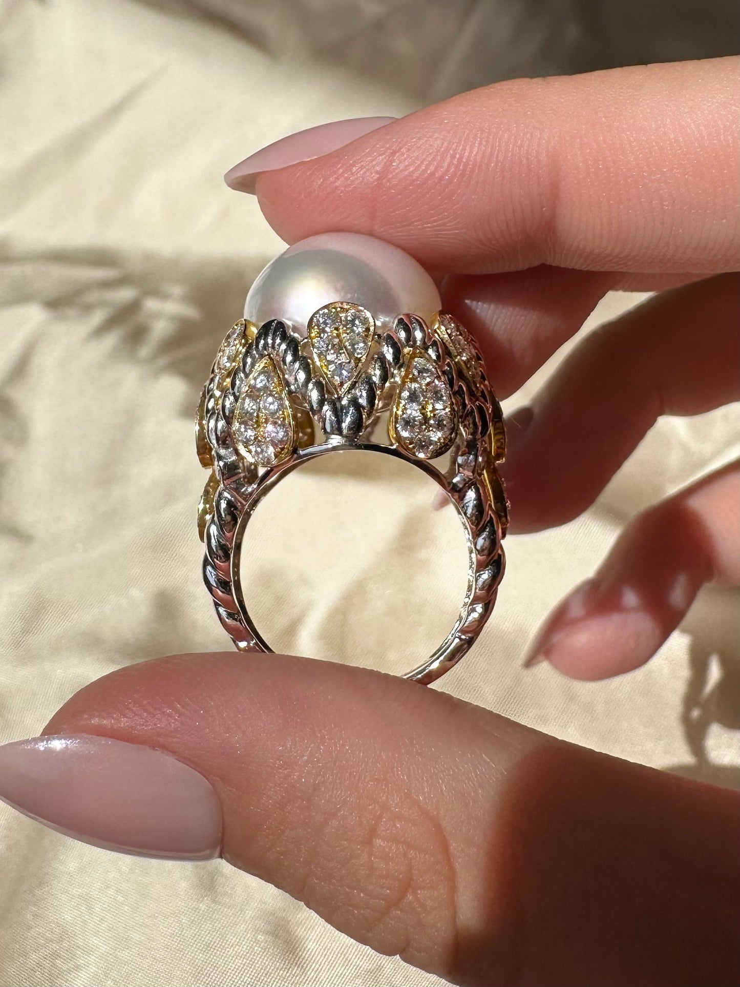 18K Two Tone Diamond and Pearl Cocktail Ring - Size 7