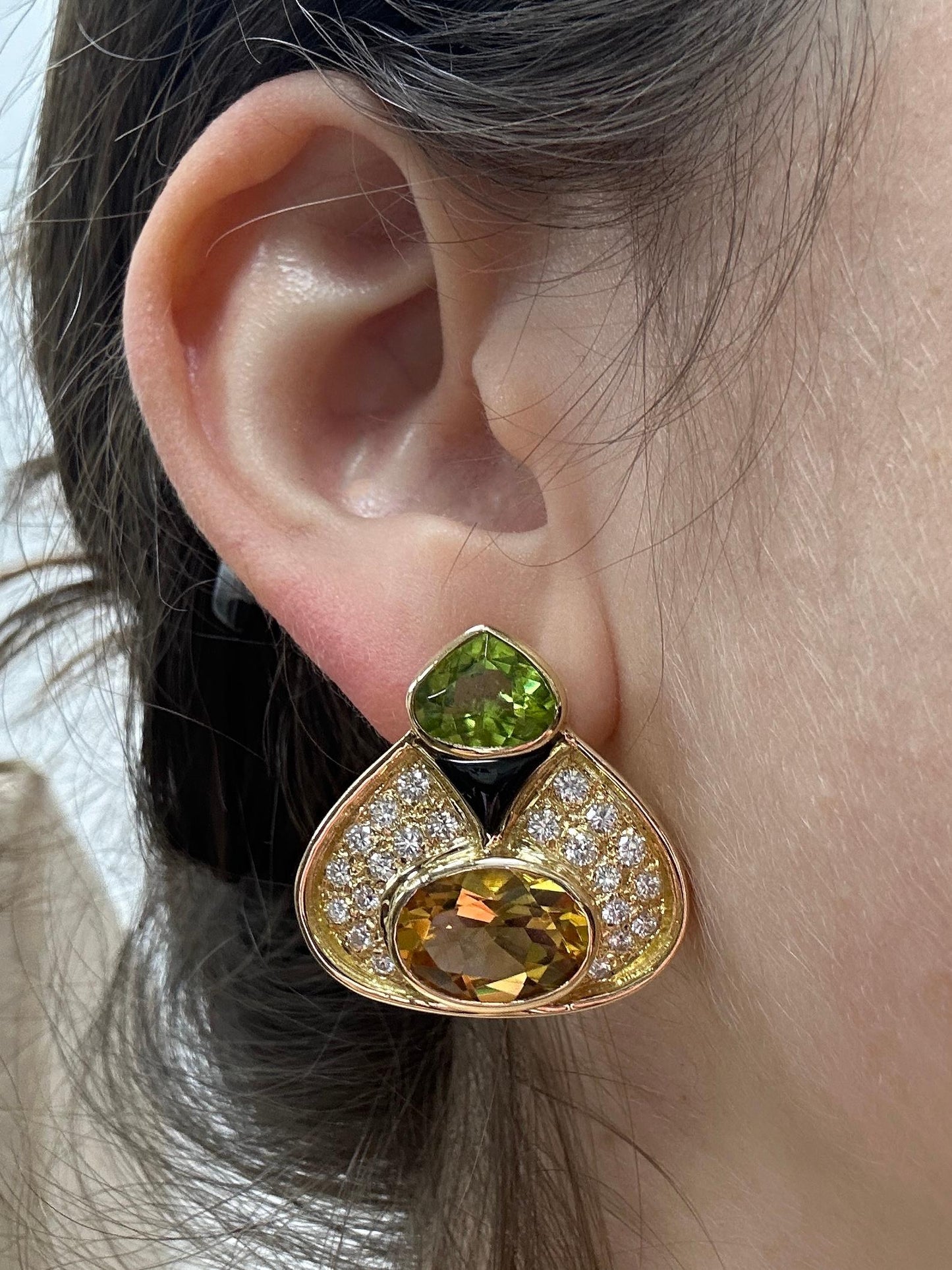 18k Estate Diamond, Onyx and Multi-Color Gemstone Earrings