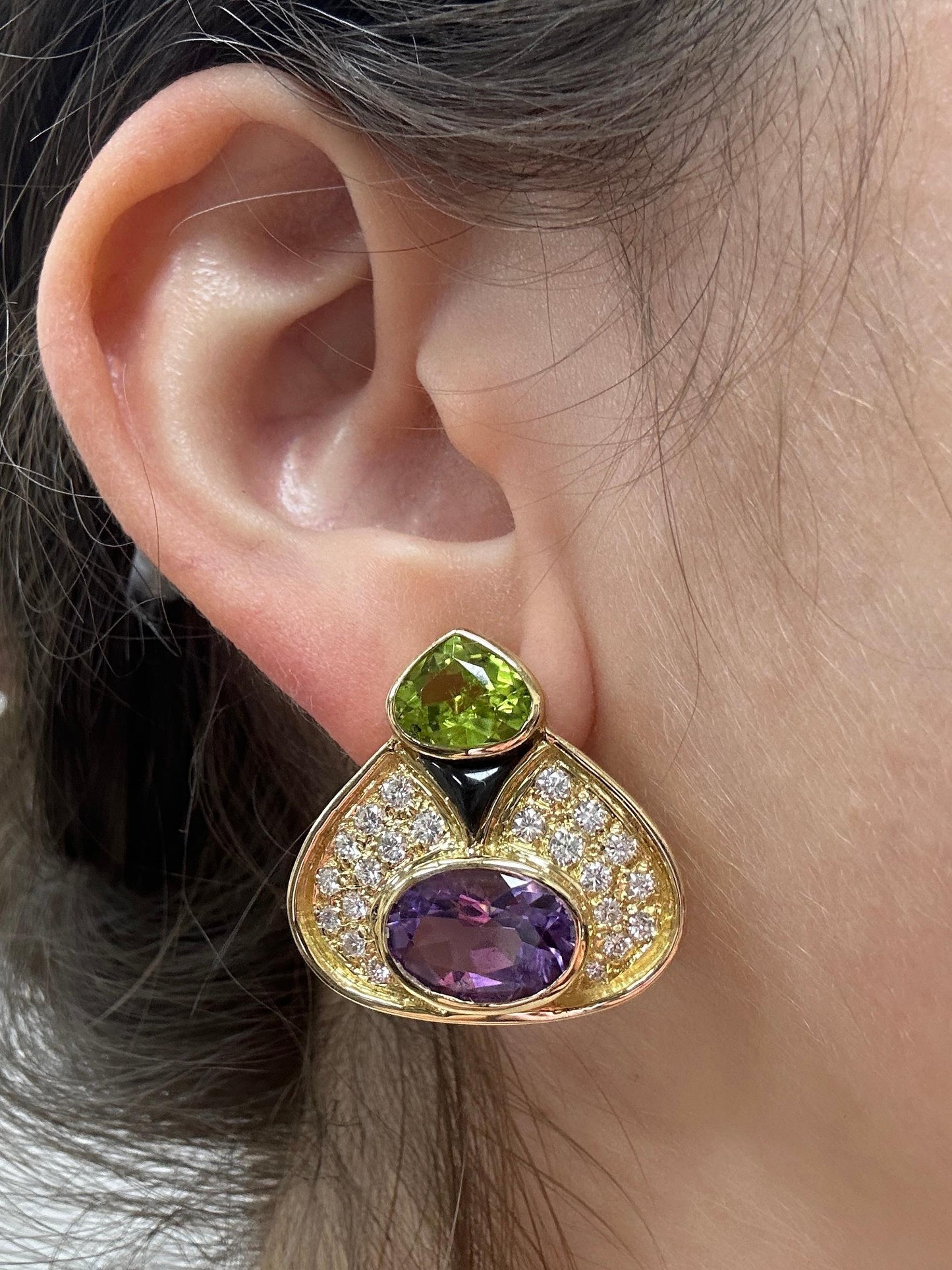 18k Estate Diamond, Onyx and Multi-Color Gemstone Earrings