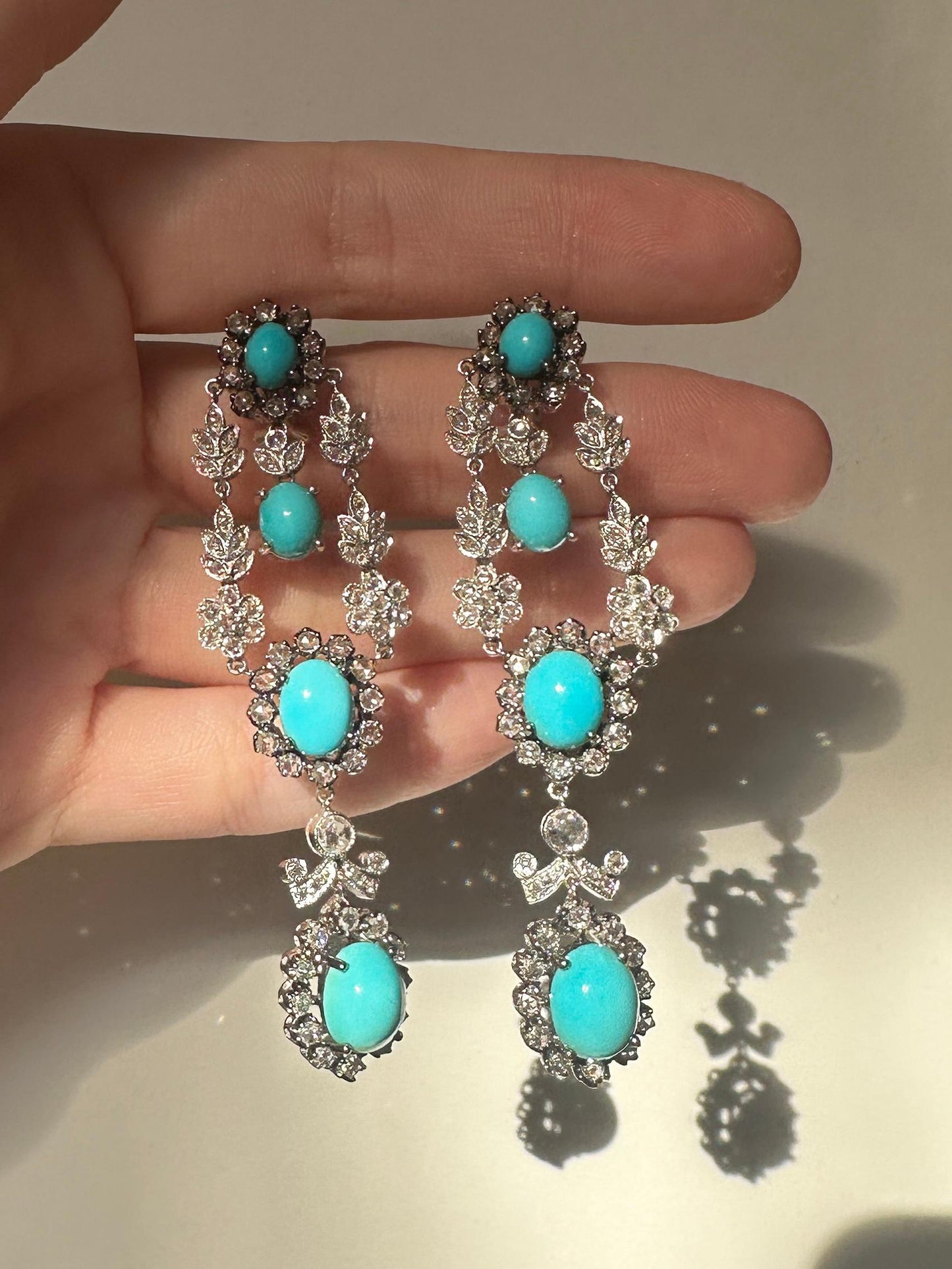 18K White Gold Rose Cut Diamond and Persian Turquoise Drop Earrings