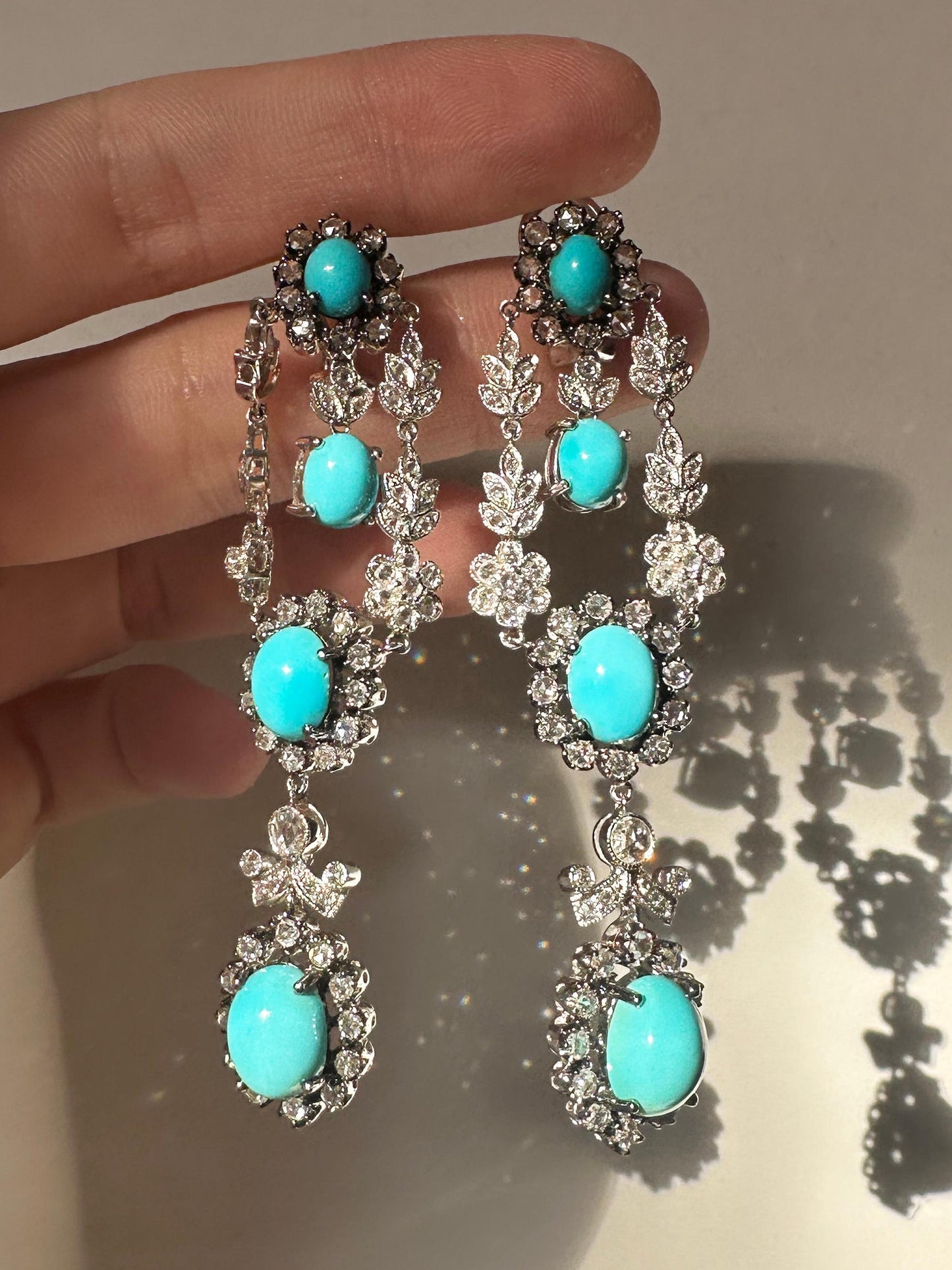 18K White Gold Rose Cut Diamond and Persian Turquoise Drop Earrings