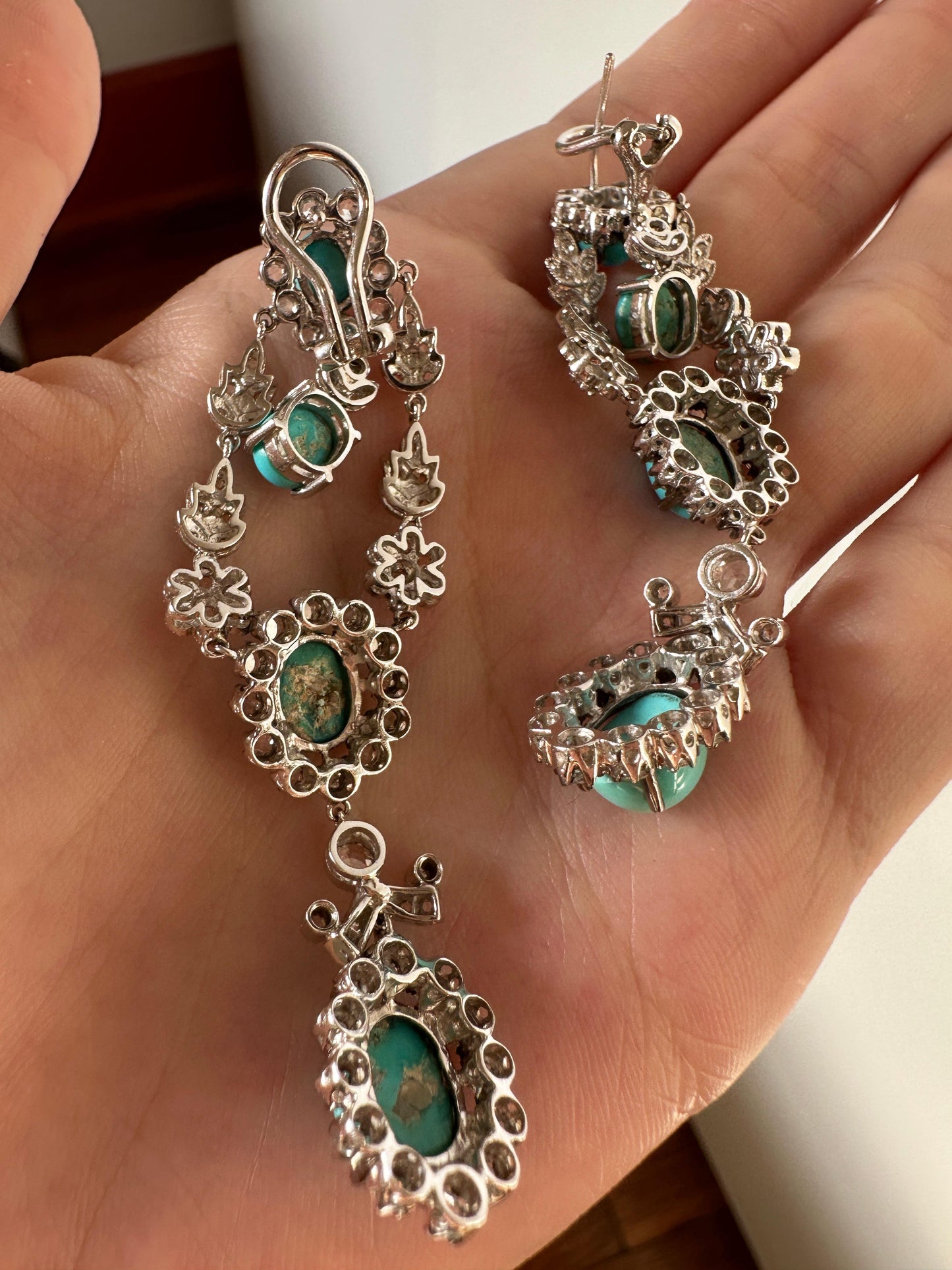 18K White Gold Rose Cut Diamond and Persian Turquoise Drop Earrings