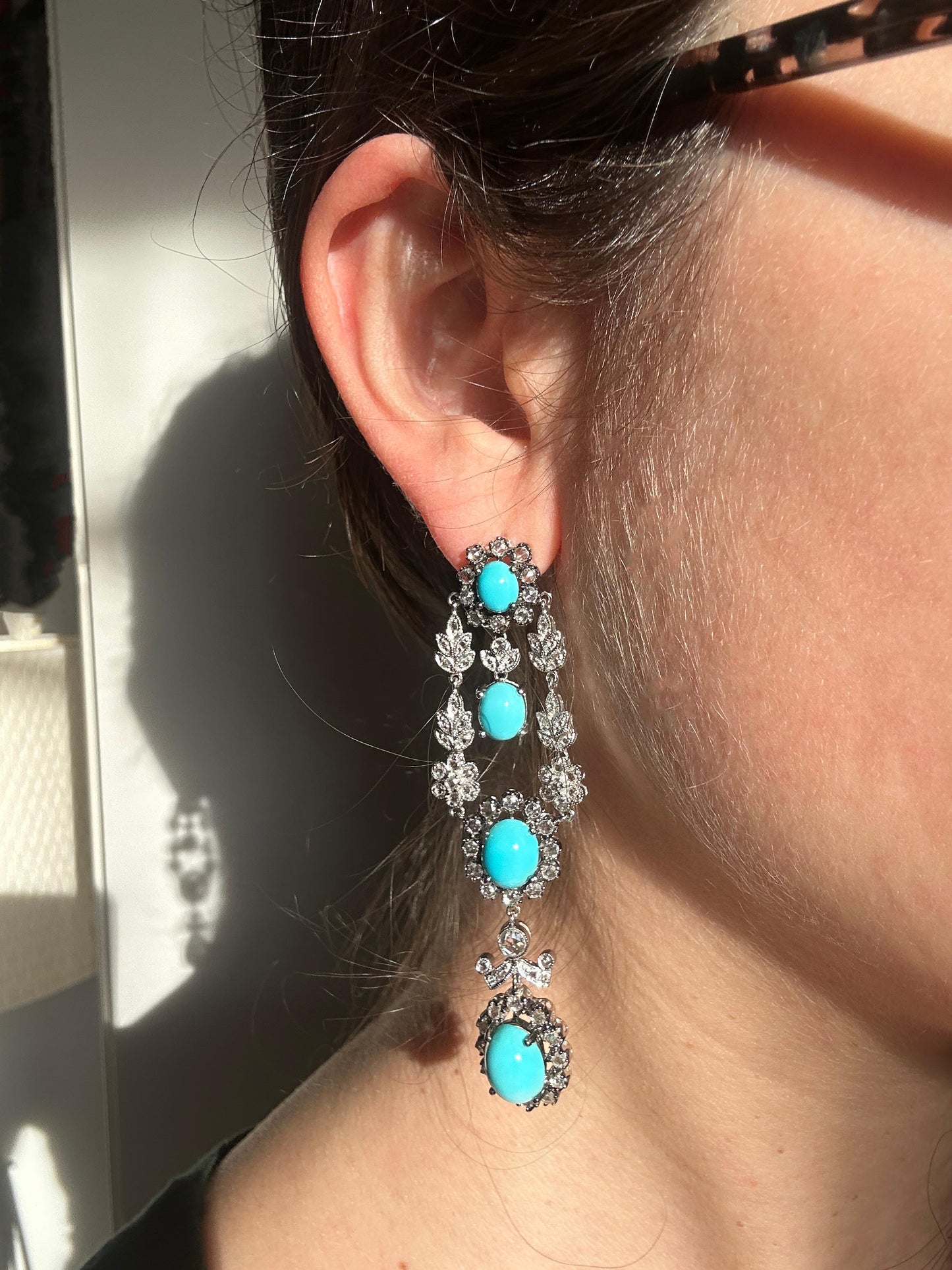 18K White Gold Rose Cut Diamond and Persian Turquoise Drop Earrings