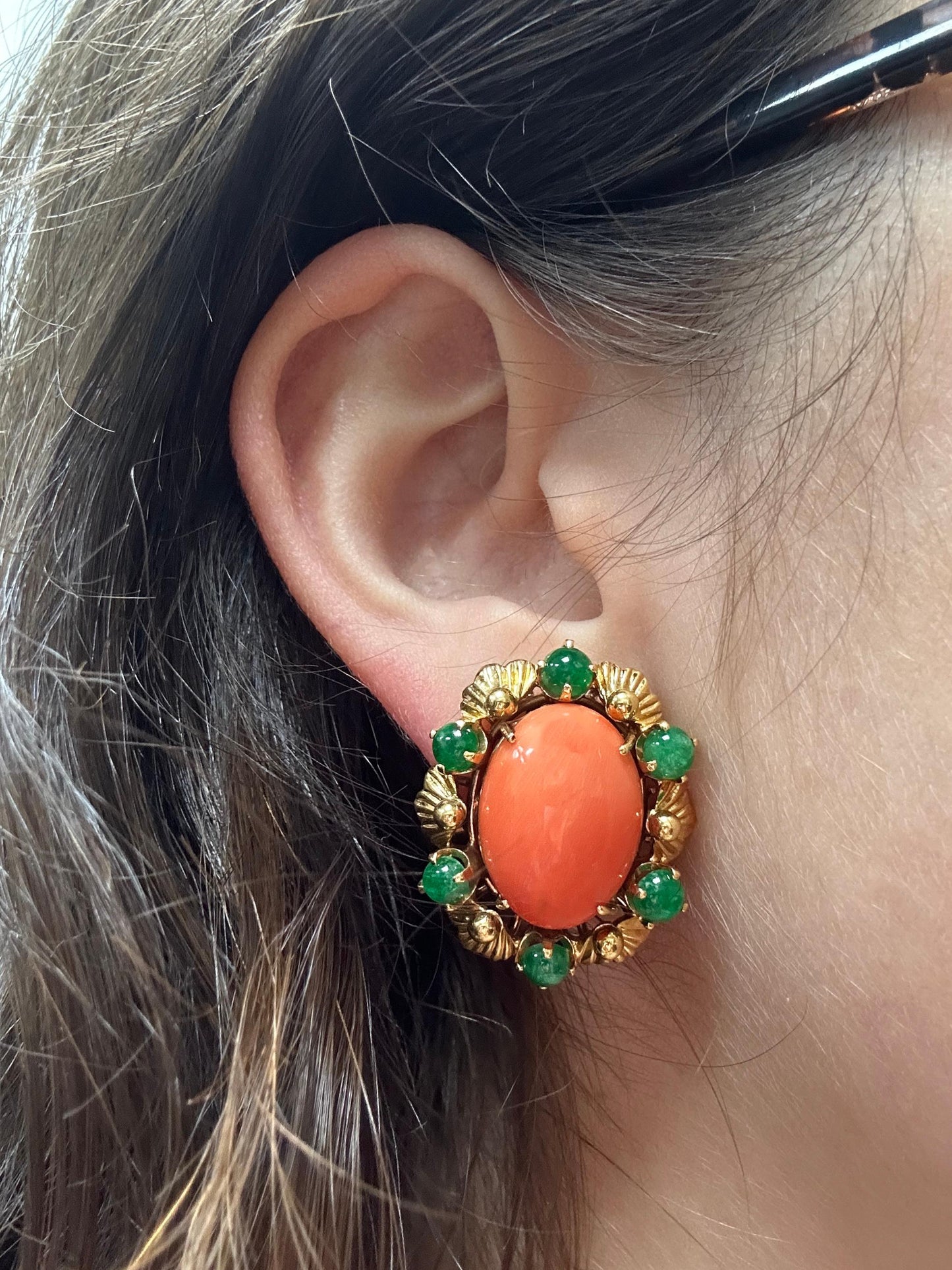 18k Yellow Gold Cabochon Coral and Emerald Earrings