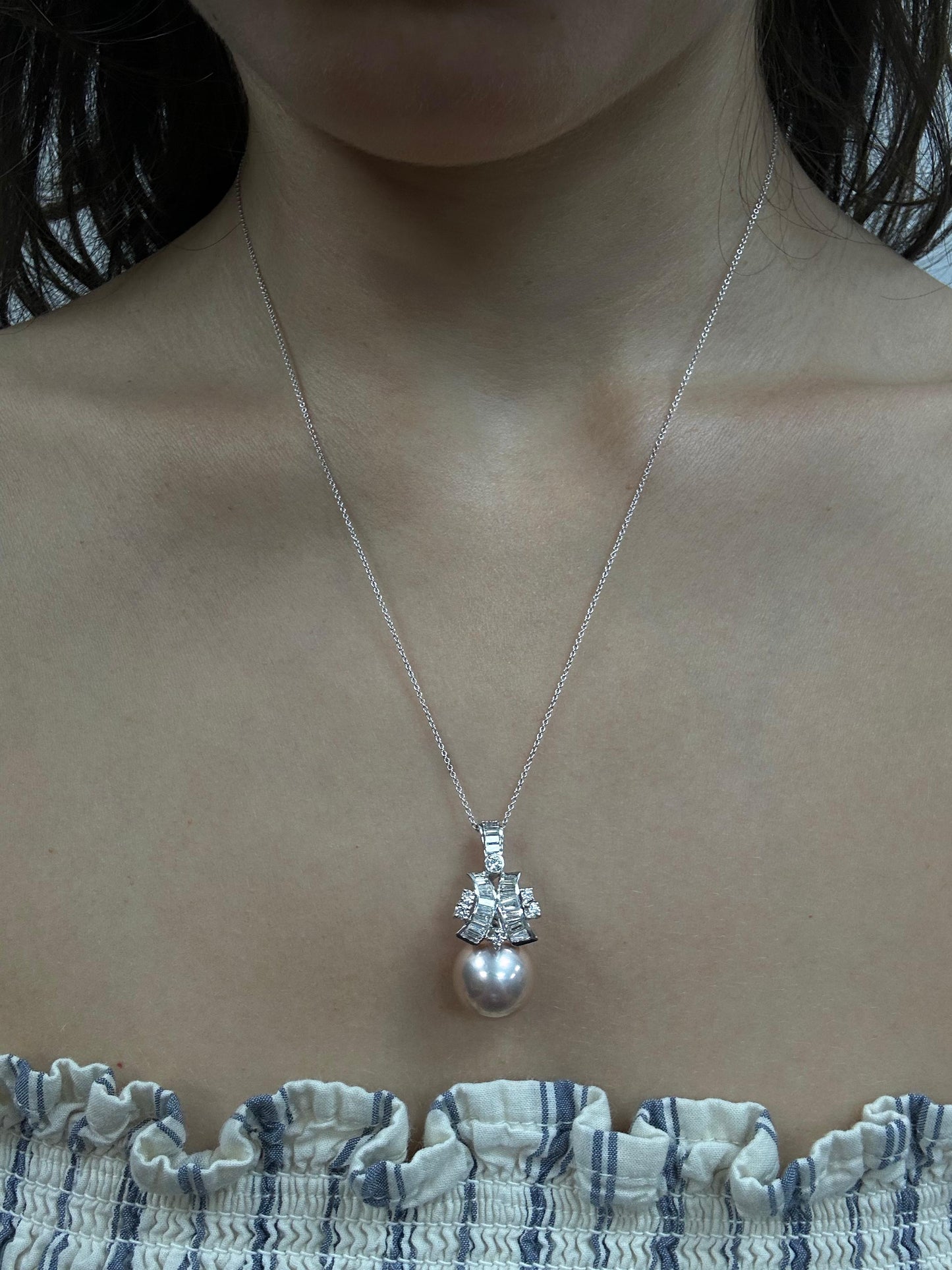 18K White Gold .65ct Diamond and Pink Pearl Pendant Necklace