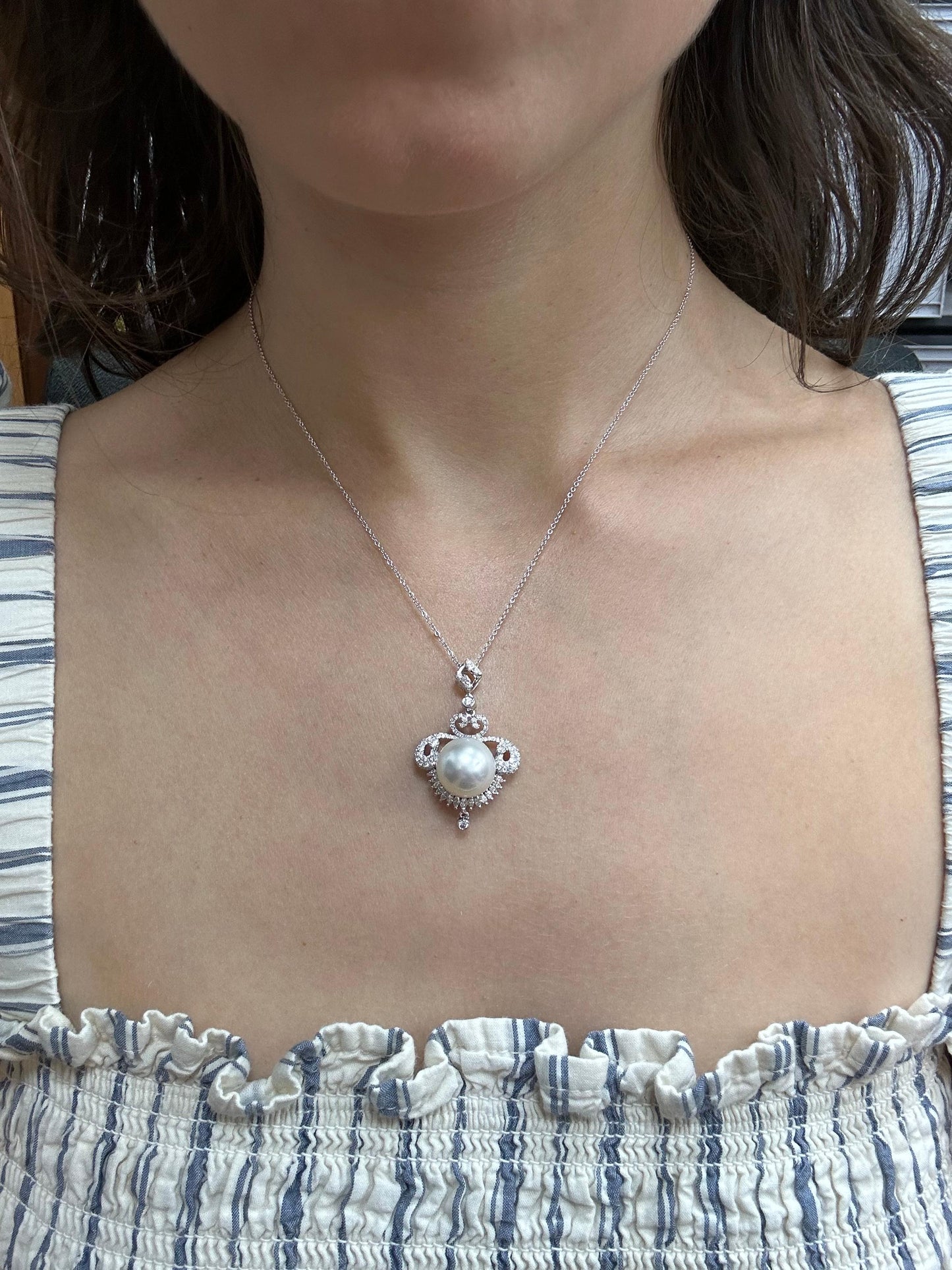 Edwardian-Inspired 18K White Gold Diamond Pearl Pendant Necklace 0.93ct