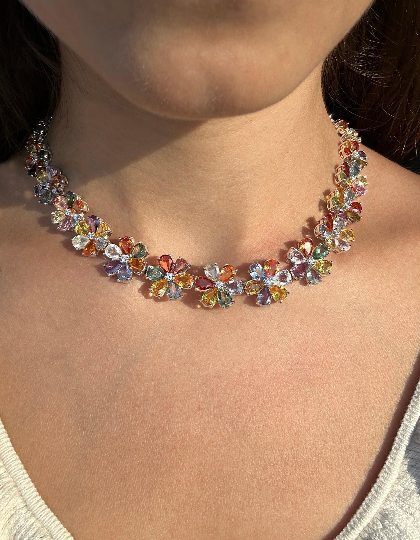 18k Modern Pear Cut Multicolor Sapphire and Diamond Necklace