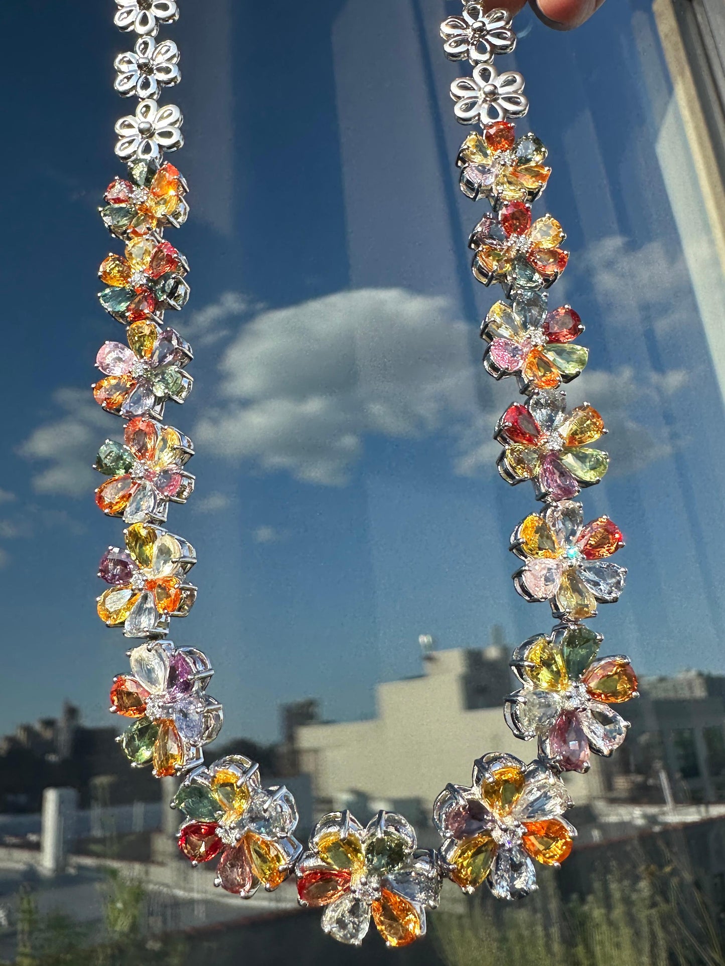18k Modern Pear Cut Multicolor Sapphire and Diamond Necklace