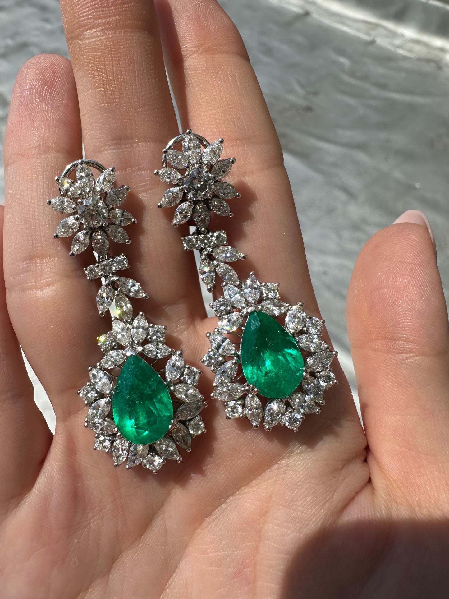 18K White Gold Marquise Cut Diamond and Pear Cut Emerald Drop Earrings