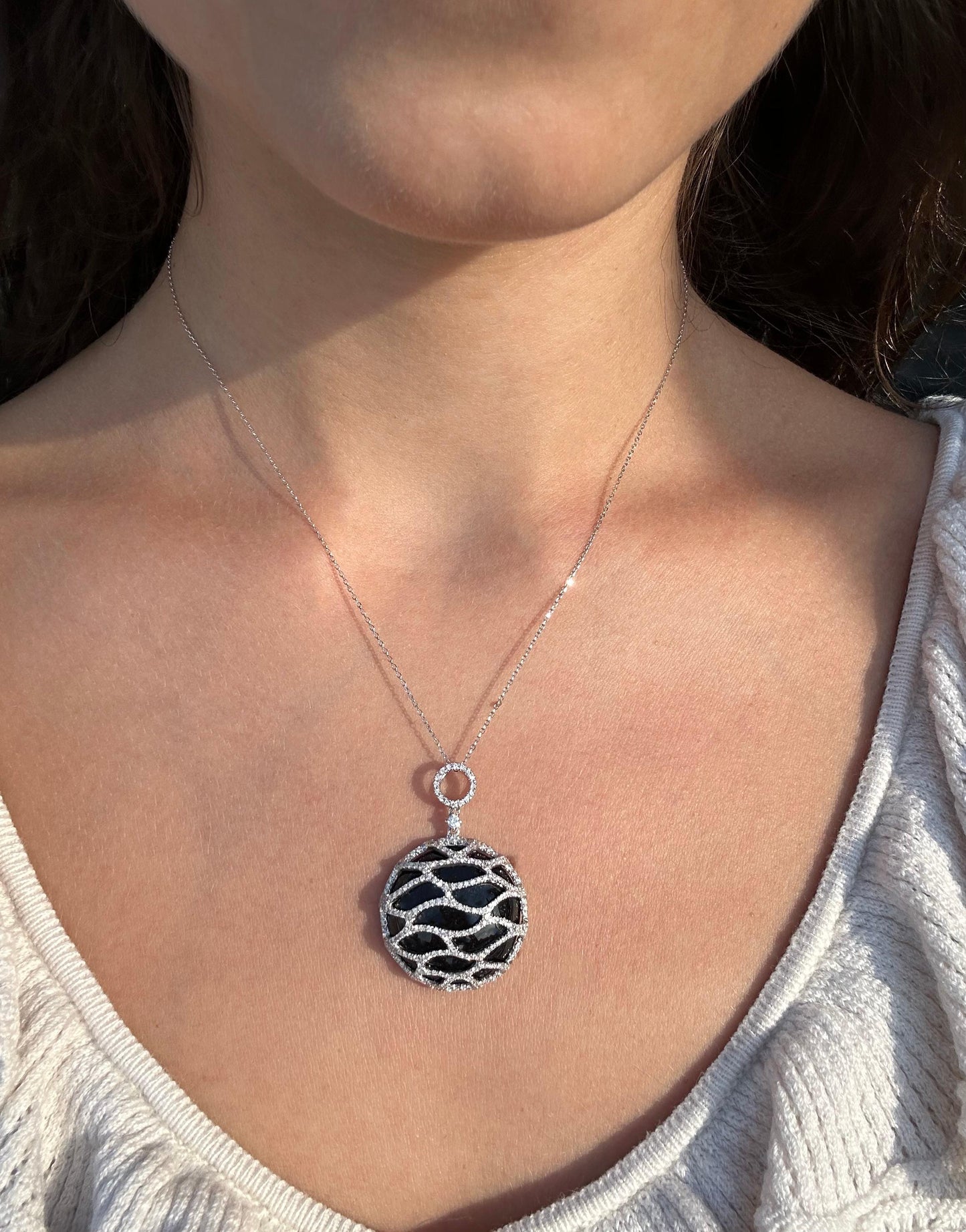 18k Diamond and Onyx Pendant with 14k Chain Necklace