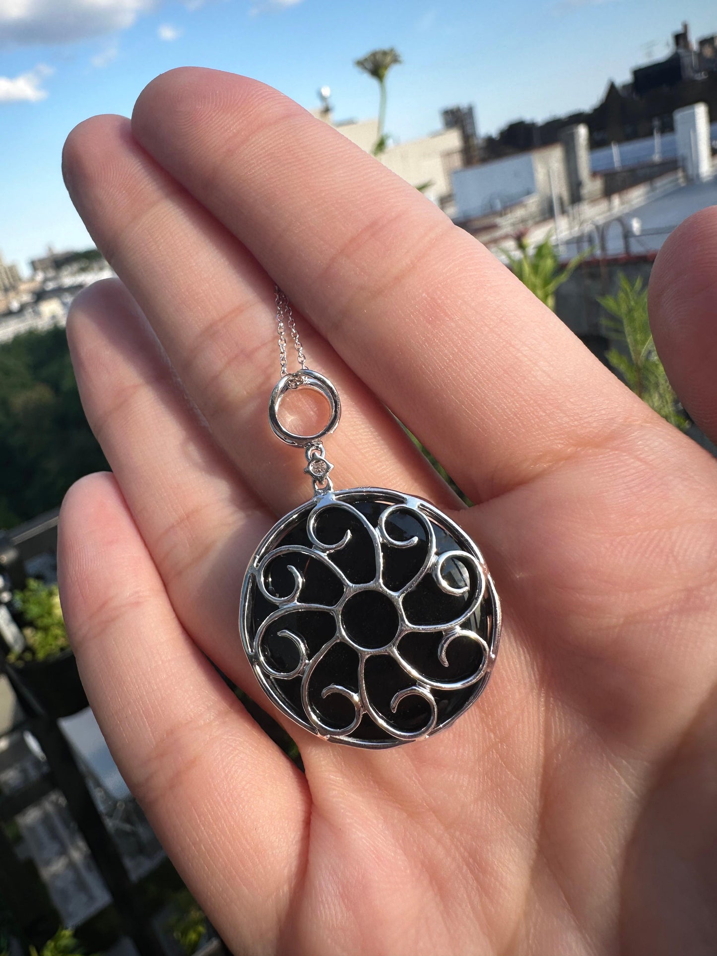 18k Diamond and Onyx Pendant with 14k Chain Necklace