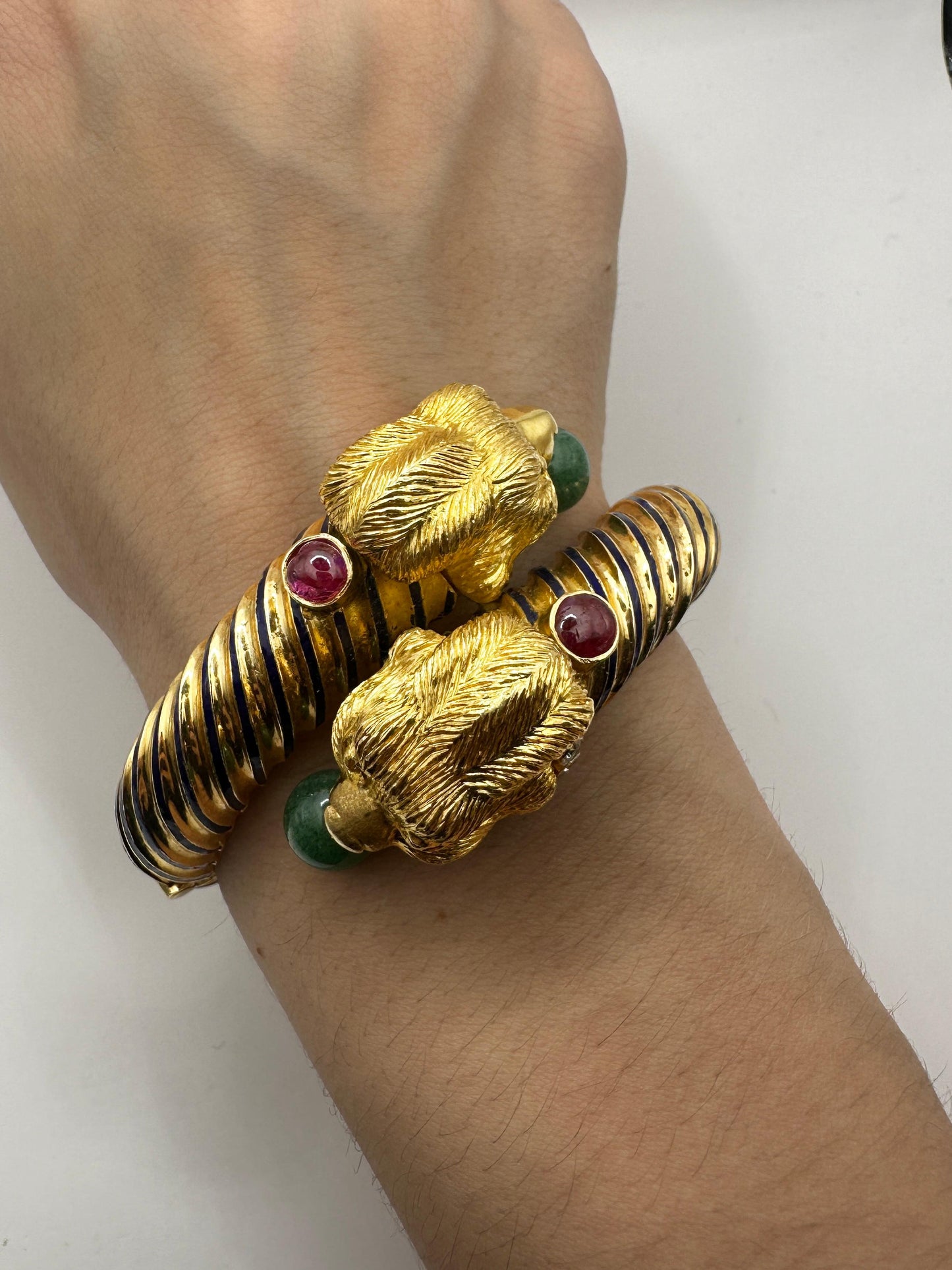 18k 1960's Twin Lion Head Bangle with Diamonds, Enamel, Rubies and Jade