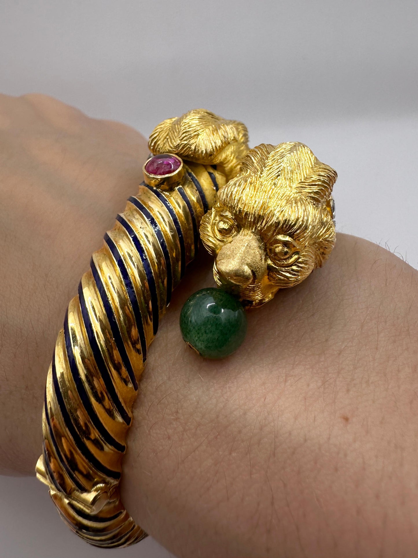 18k 1960's Twin Lion Head Bangle with Diamonds, Enamel, Rubies and Jade