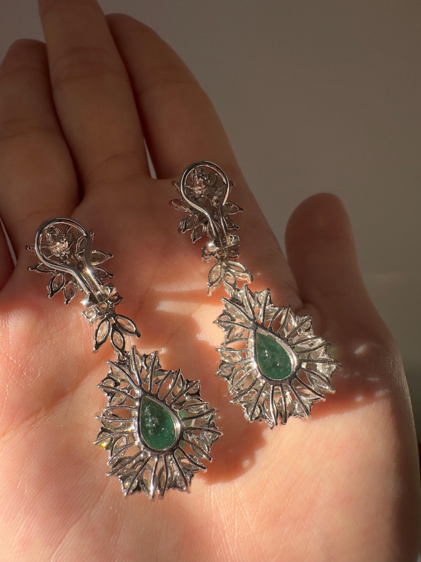 18K White Gold Marquise Cut Diamond and Pear Cut Emerald Drop Earrings