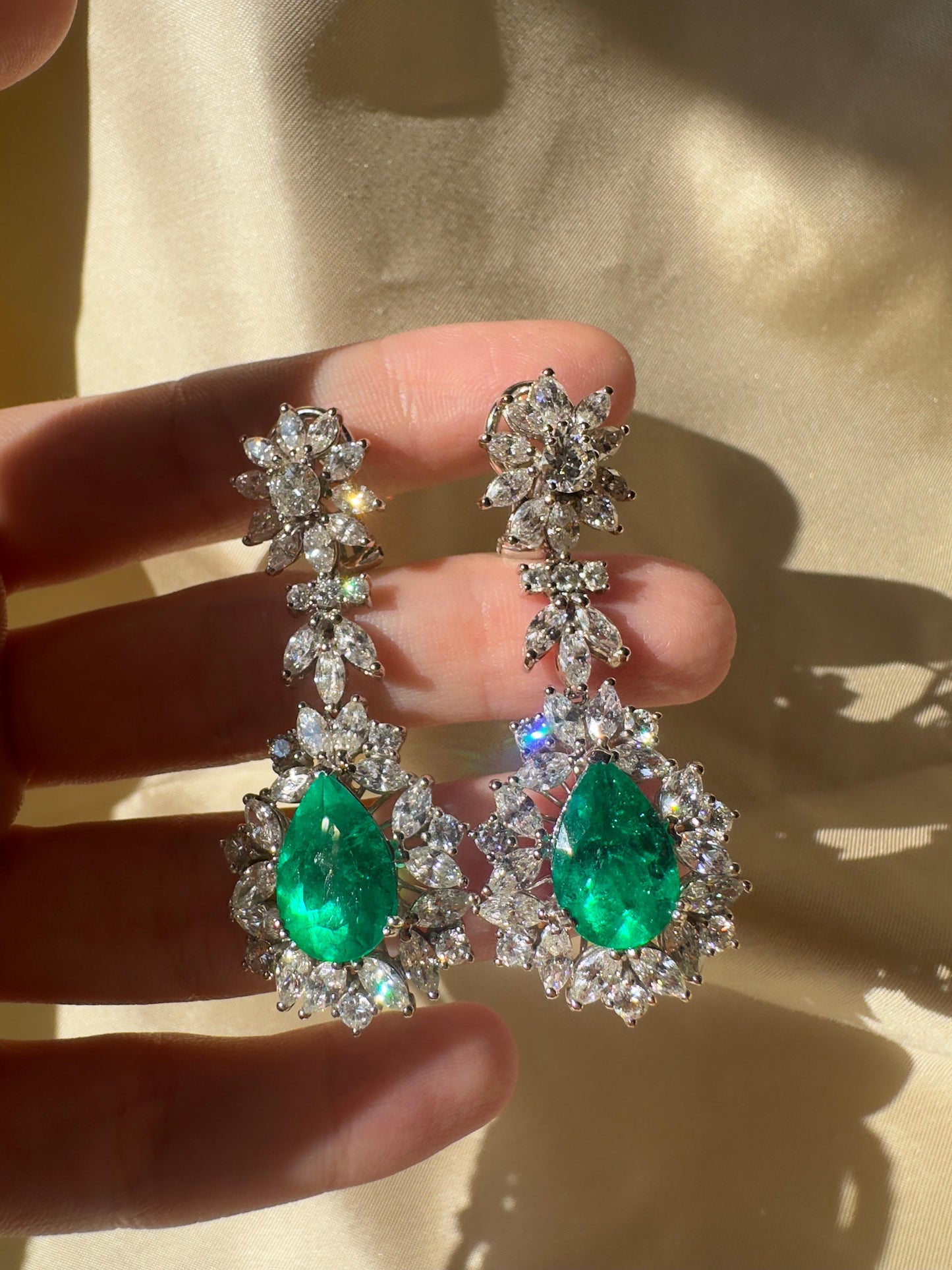 18K White Gold Marquise Cut Diamond and Pear Cut Emerald Drop Earrings