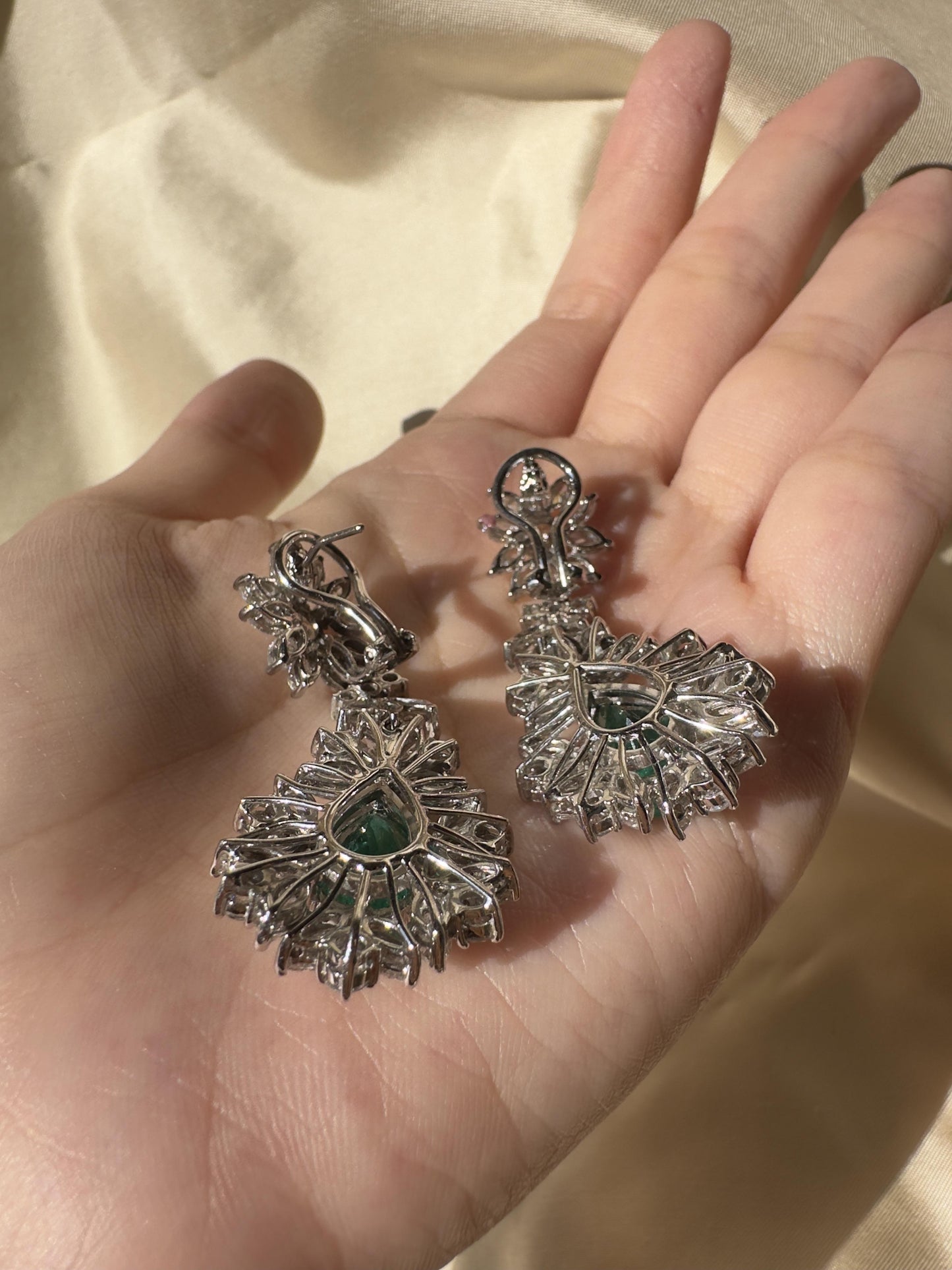 18K White Gold Marquise Cut Diamond and Pear Cut Emerald Drop Earrings