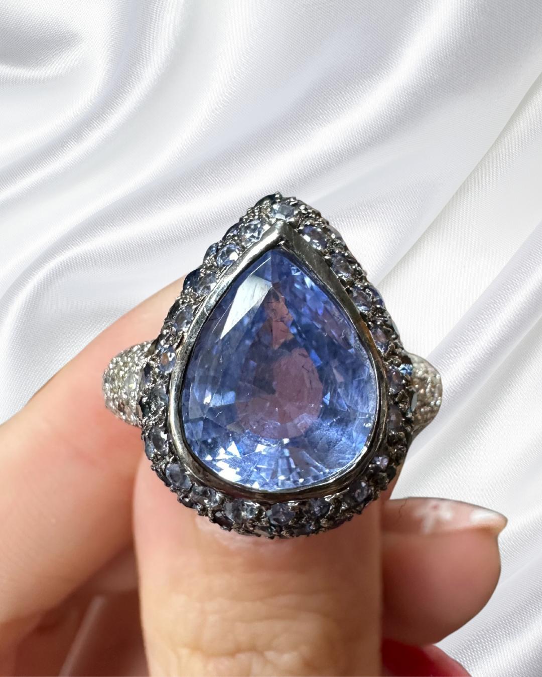 18K White Gold Pear Cut Sapphire and Diamond Ring