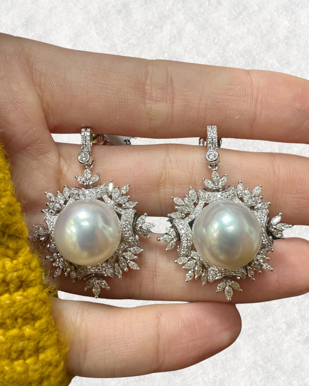 18K White Gold Diamond and Pearl Snowflake Earrings