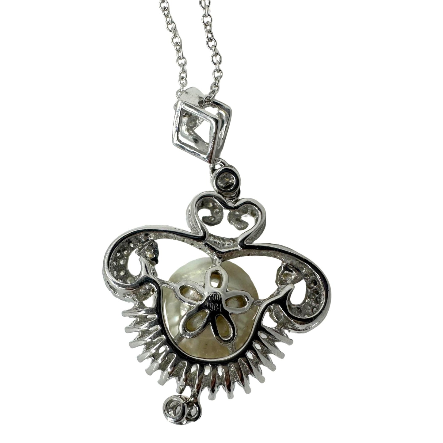 Edwardian-Inspired 18K White Gold Diamond Pearl Pendant Necklace 0.93ct
