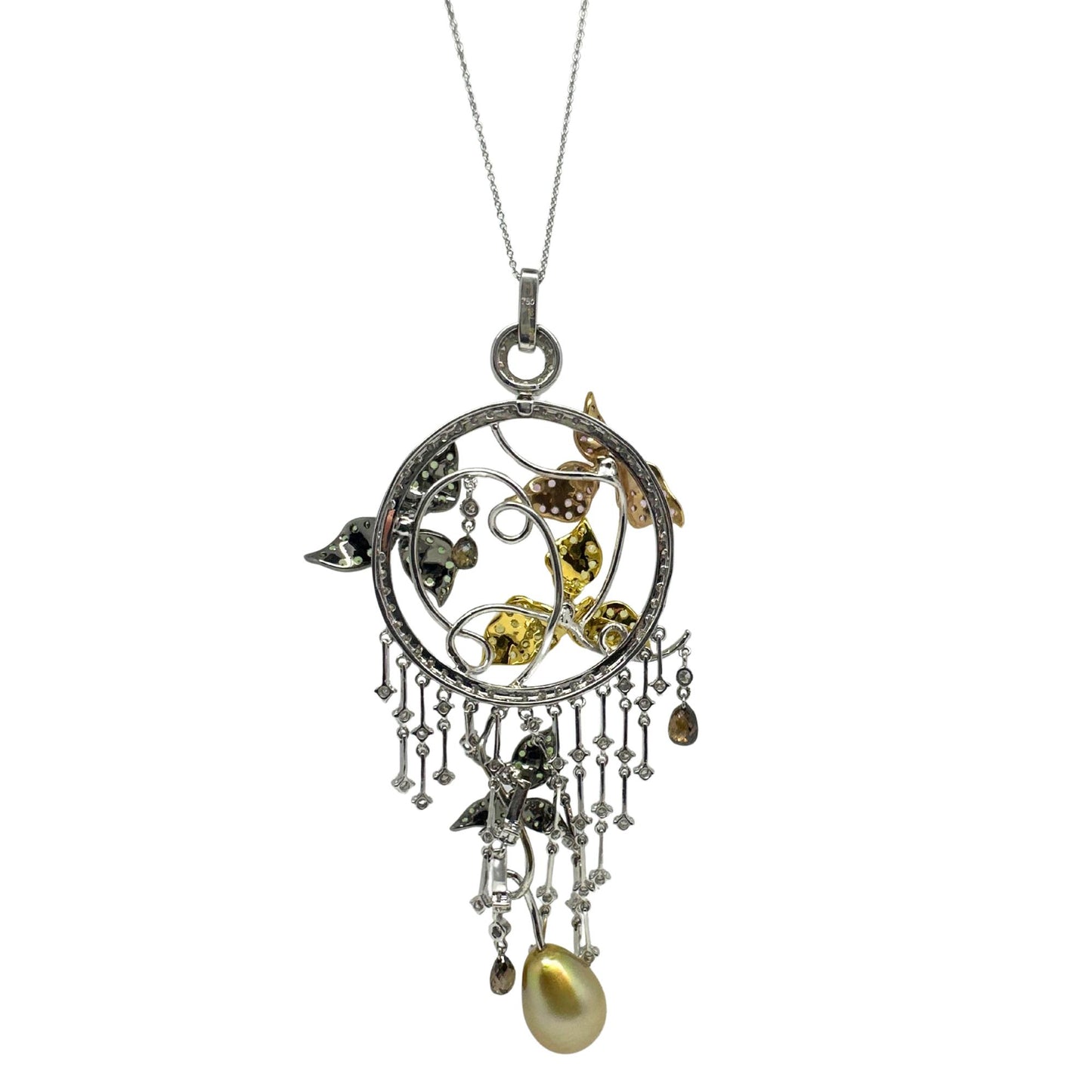 18K Tricolor Gold White and Brown Diamond, and Multi-Sapphire Pendant Necklace