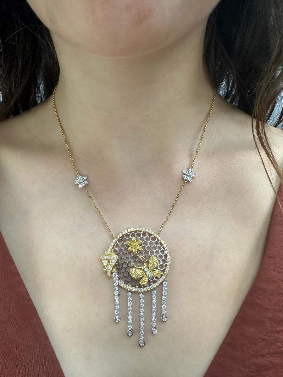 18k White and Yellow Diamond Butterfly and Flower Necklace