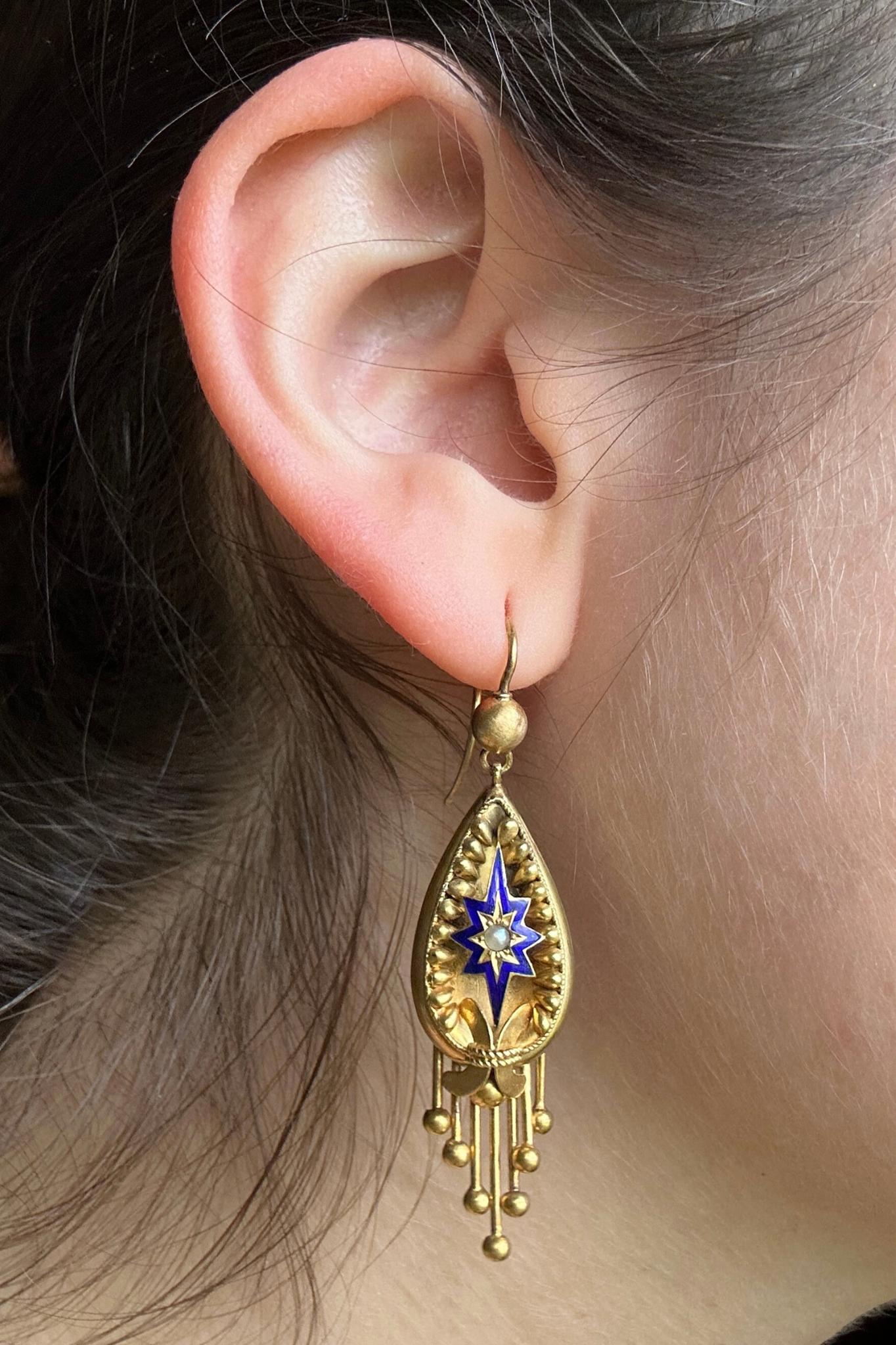 14k Victorian Pearl and Enamel Drop Earrings