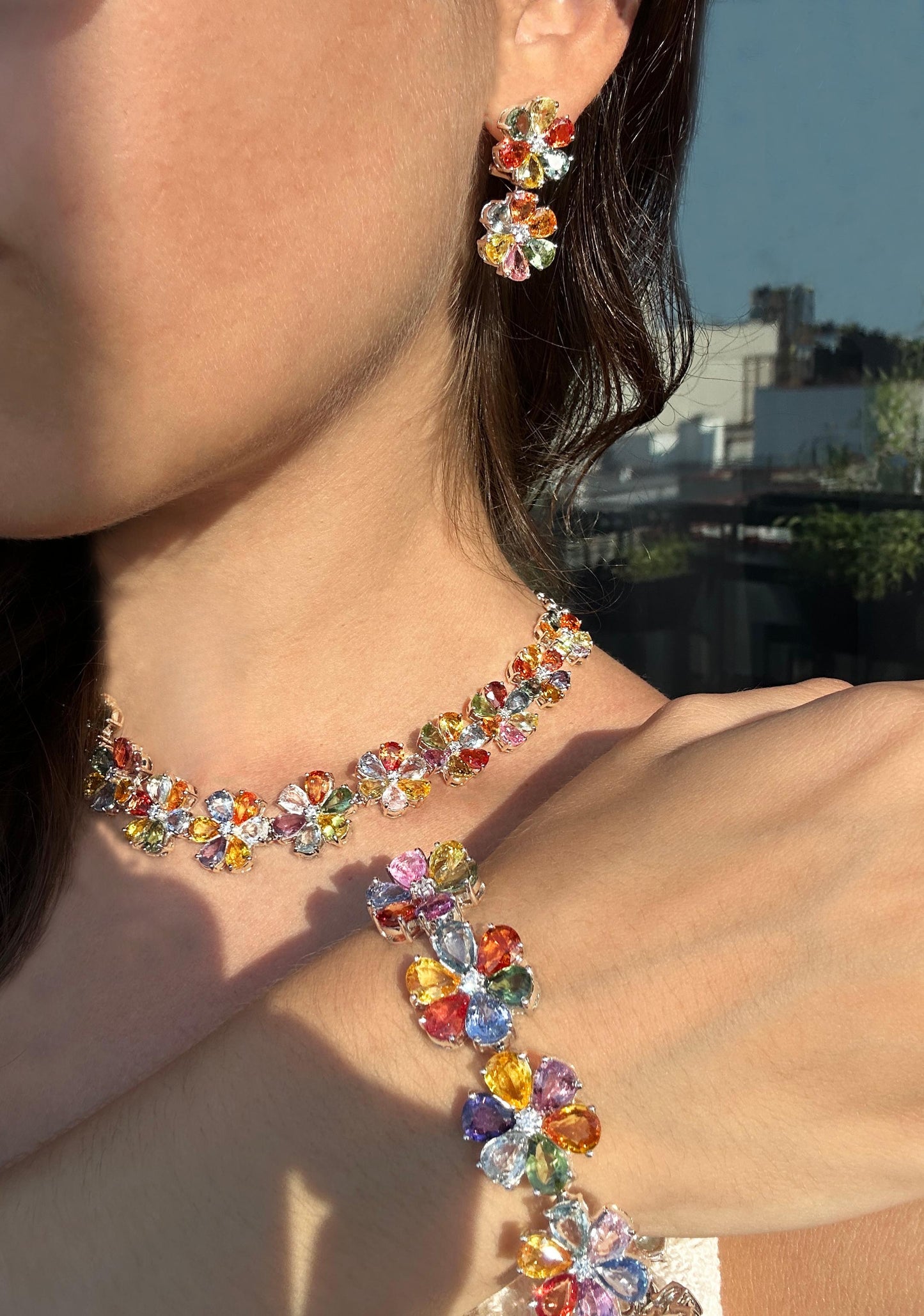 18k Modern Pear Cut Multicolor Sapphire and Diamond Flower Earrings