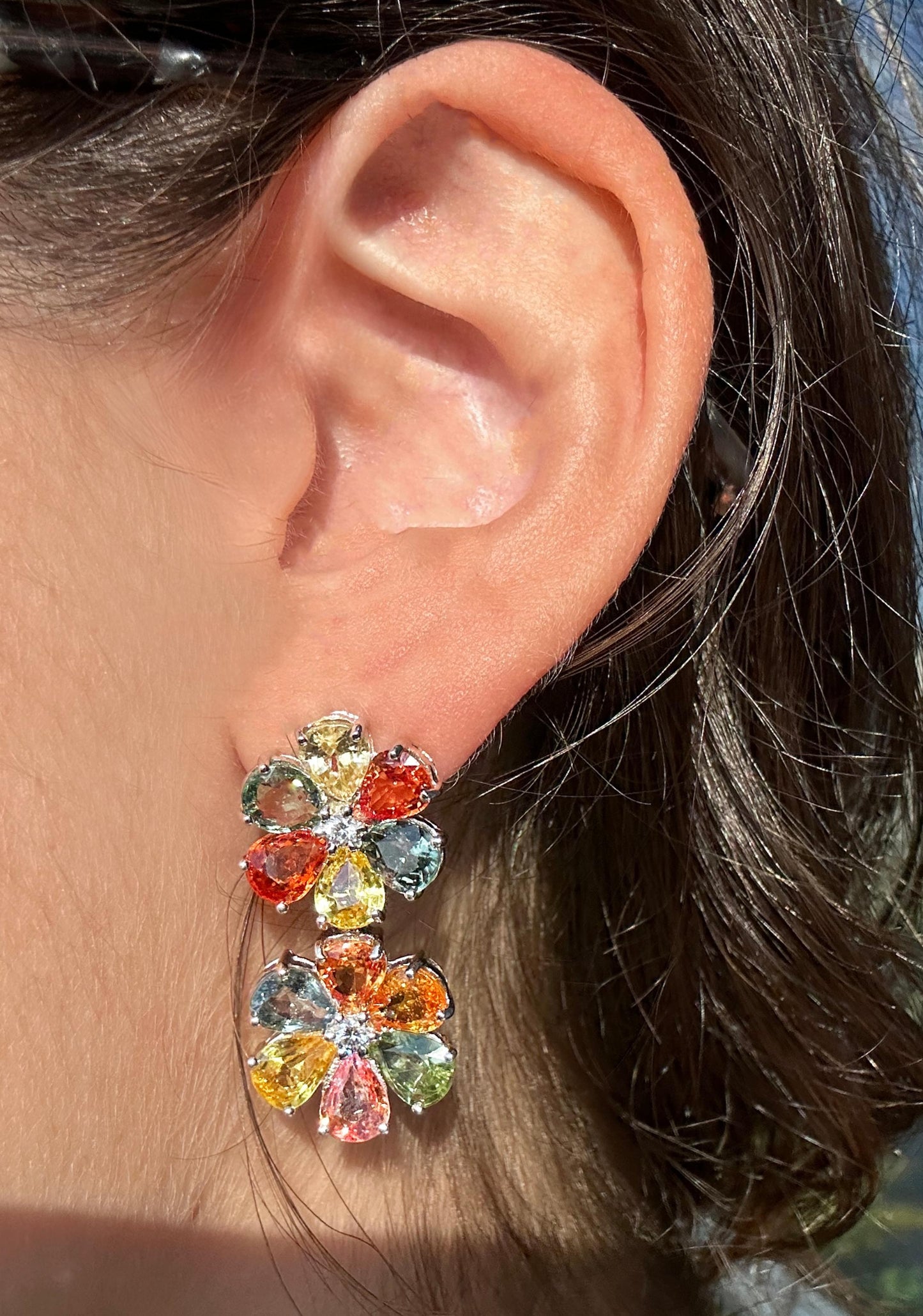 18k Modern Pear Cut Multicolor Sapphire and Diamond Flower Earrings