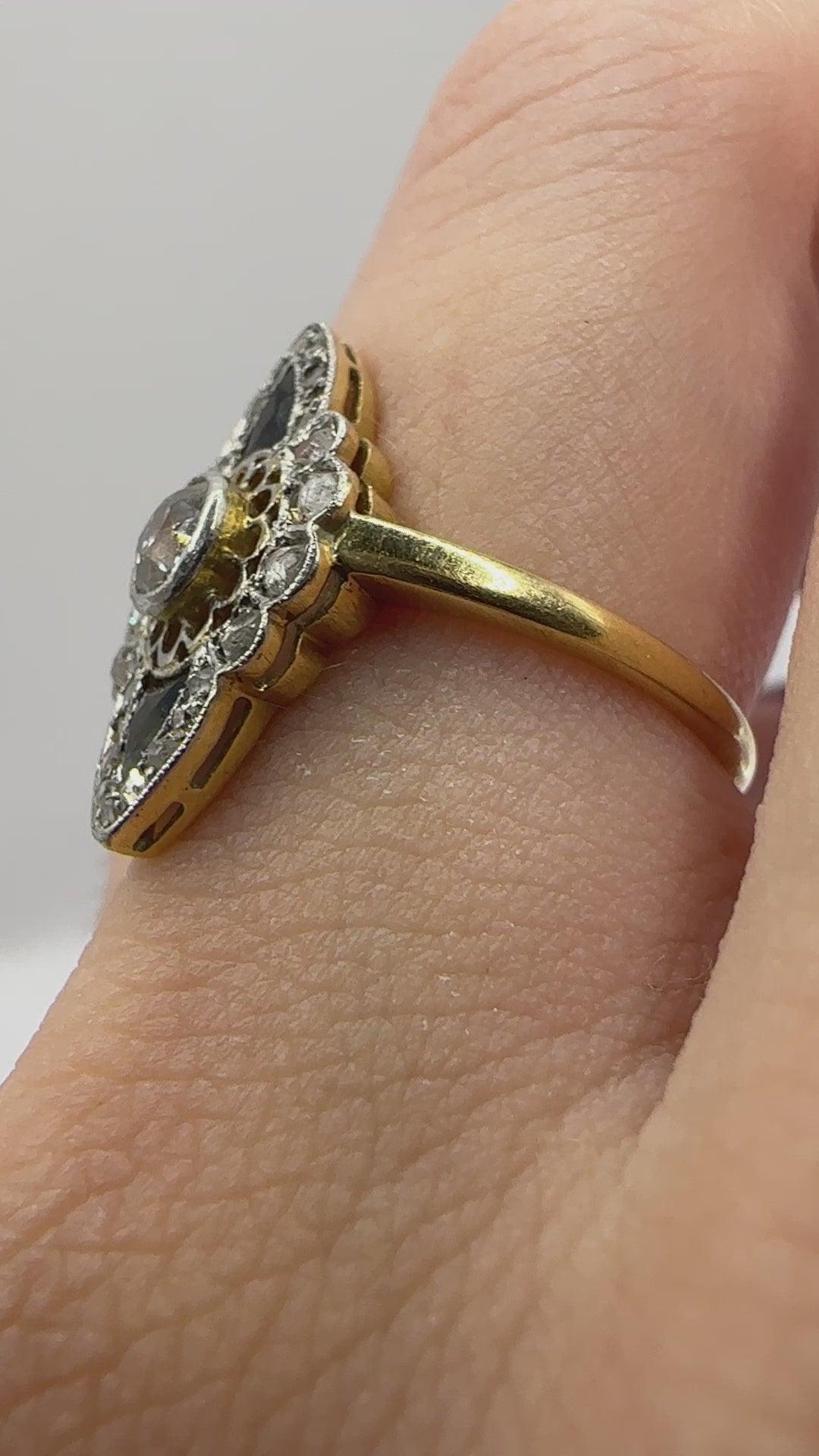 18k Art Deco Rose Cut Diamond and Sapphire Navette Shaped Ring