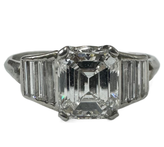 Mid Century Platinum Square Emerald Cut and Baguette Diamond Engagement Ring