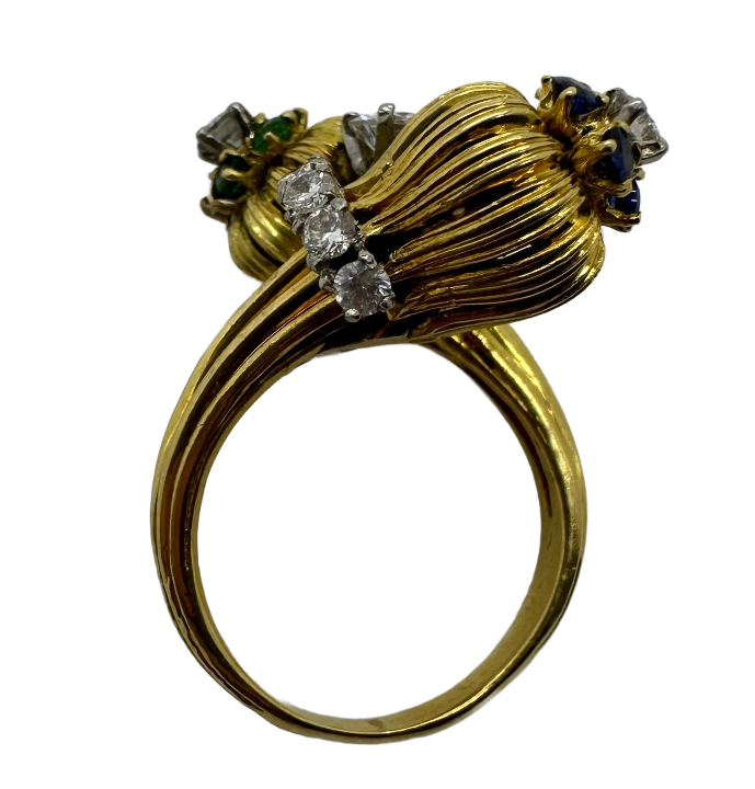 Estate 1960's Diamond, Emerald and Sapphire Moi et Toi Ring