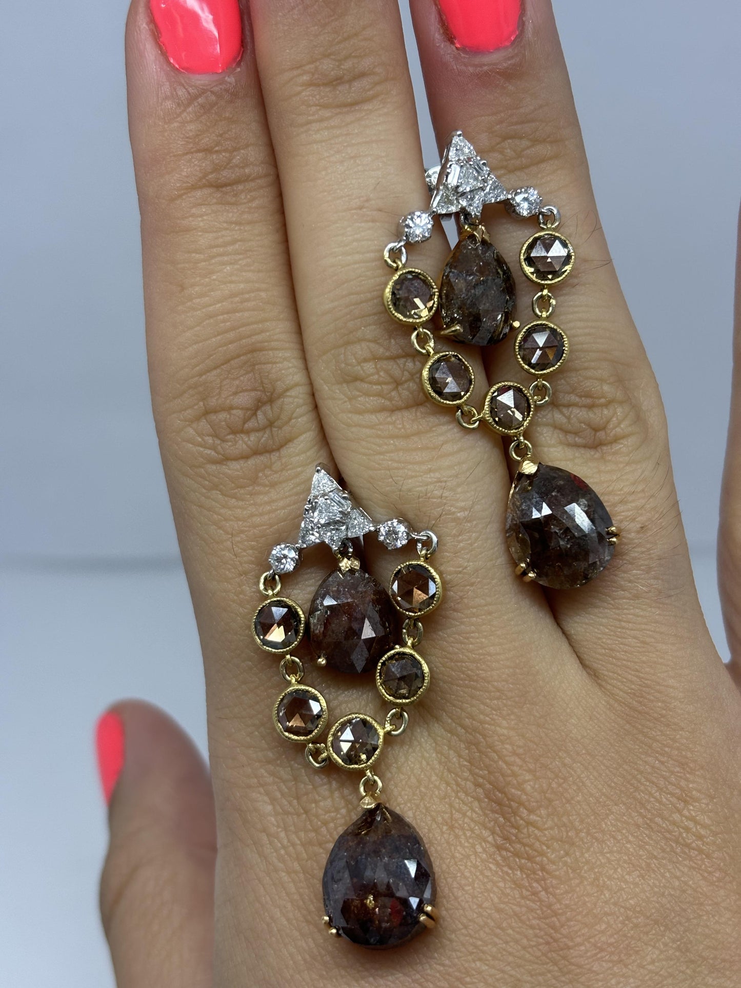 Vintage Inspired 18K Two Tone White and Brown Rose Cut Diamond Drop Earrings