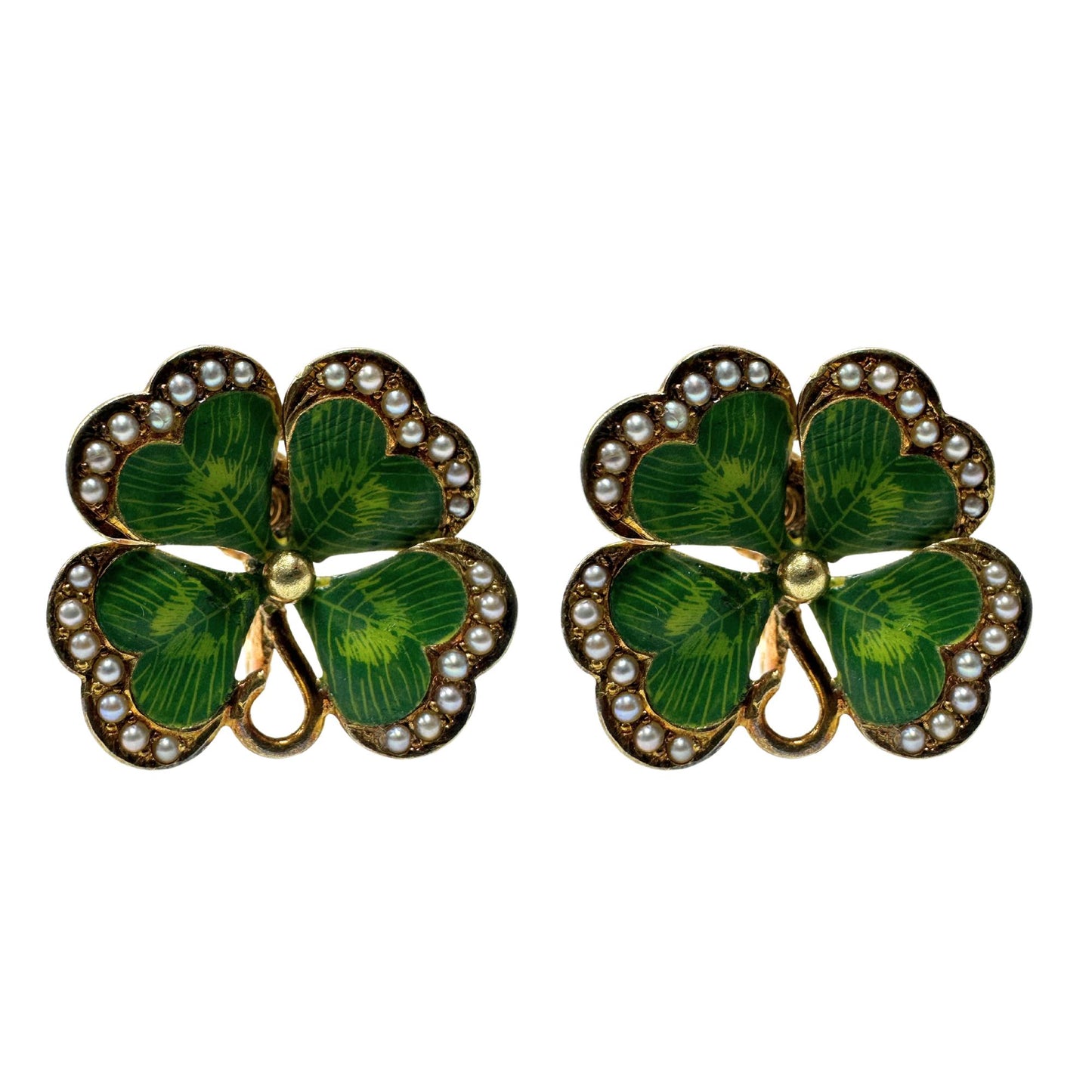 14k Victorian Enamel and Seed Pearl 4 Leaf Clover Ear Clips