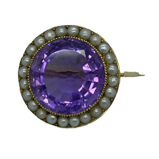 Antique 18k French Amethyst and Pearl Pin.