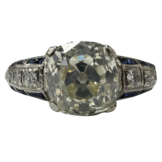 Art Deco Platinum, Diamond, and Baguette Sapphire Engagement Ring