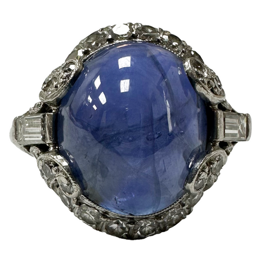 Platinum Art Deco Diamond and Cabochon Sapphire Ring