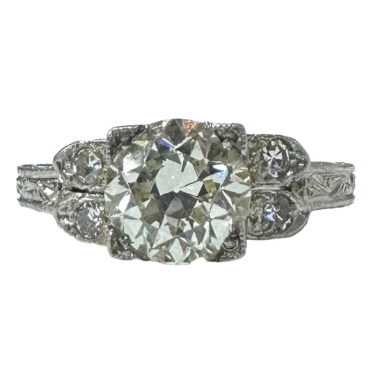 Platinum Hand Engraved Art Deco Diamond Engagement Ring