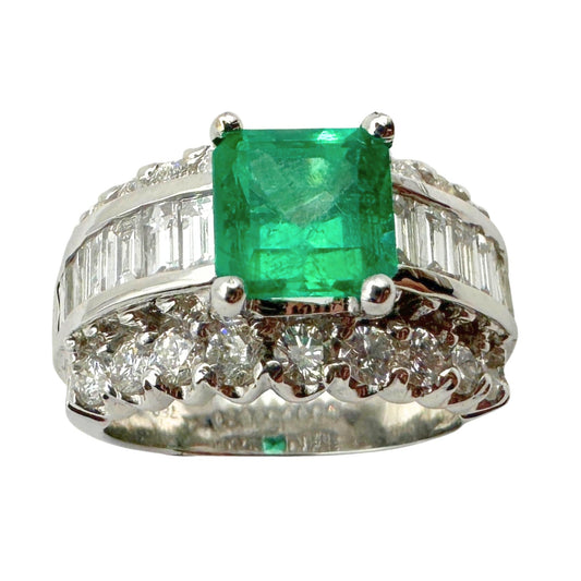 18k Diamond and Emerald Wide Band Ring