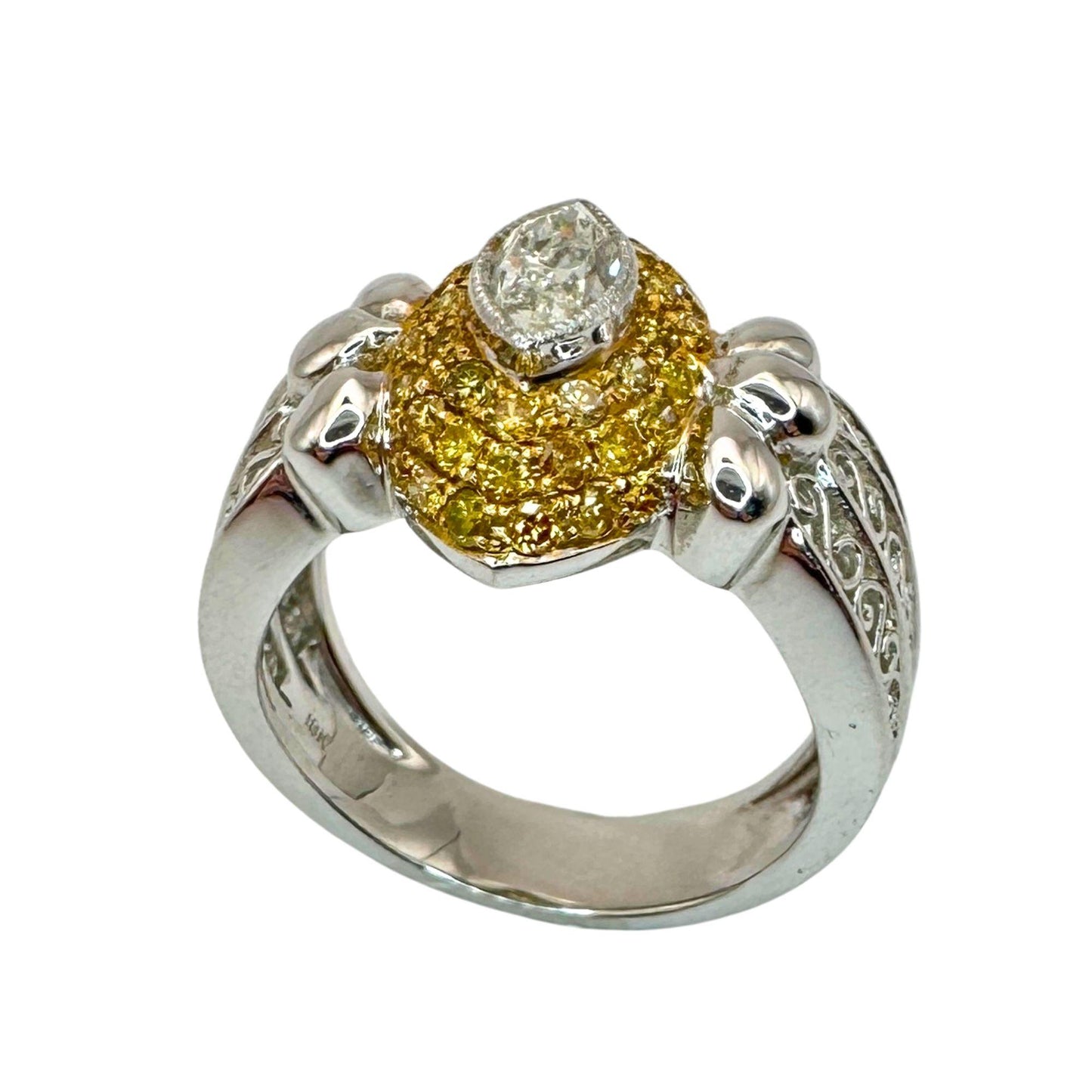 18k North-South Marquise Cut White Diamond and Yellow Diamond Ring