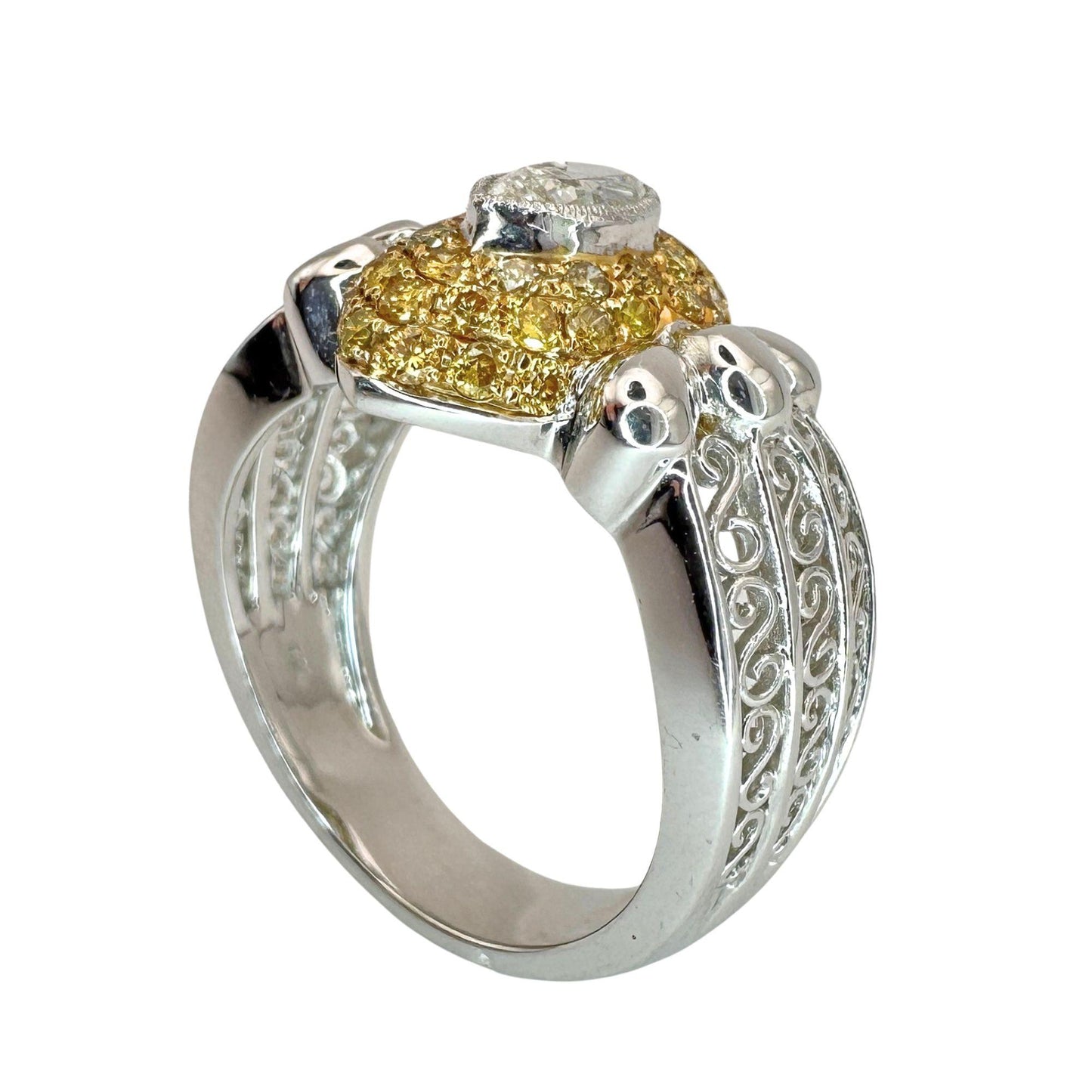 18k North-South Marquise Cut White Diamond and Yellow Diamond Ring