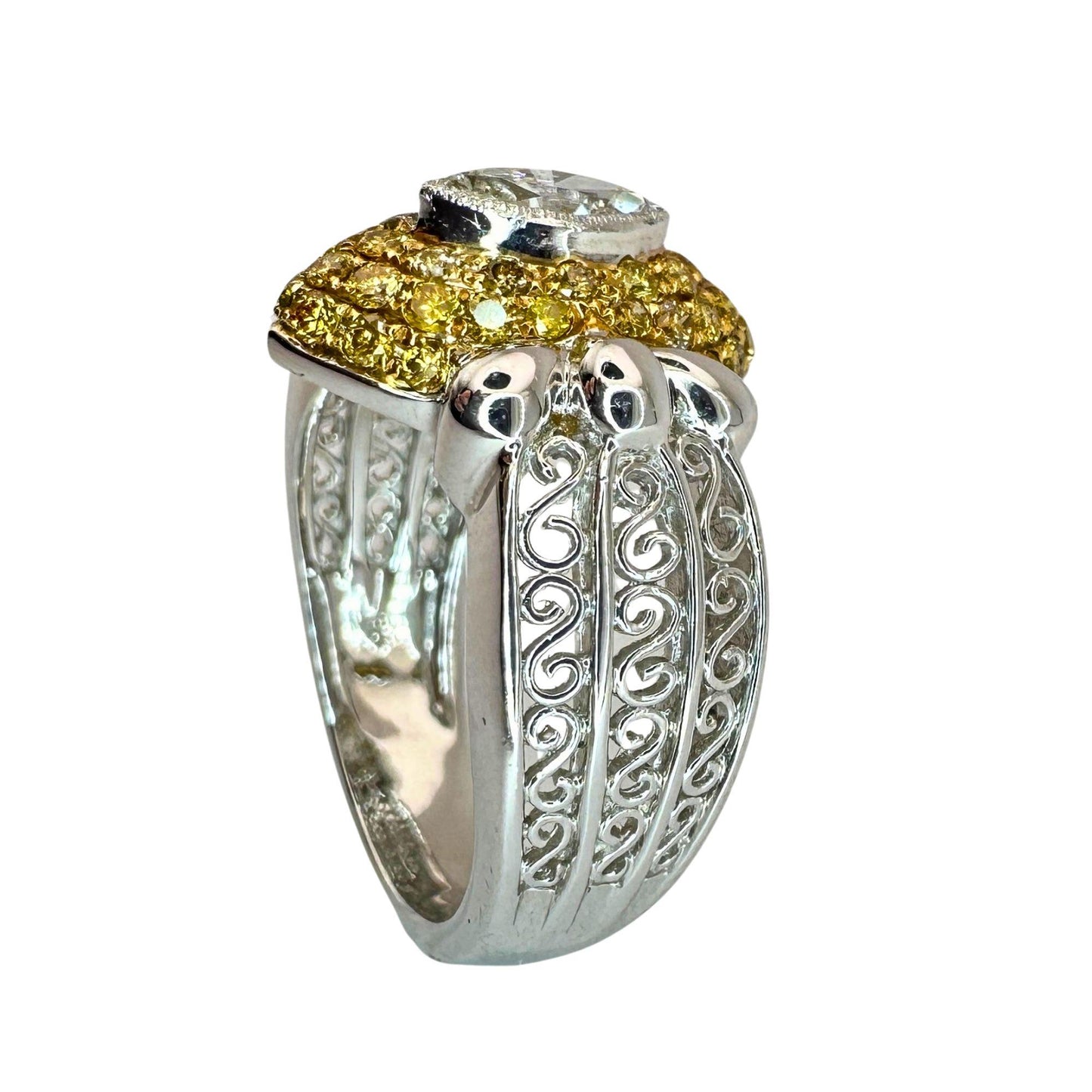 18k North-South Marquise Cut White Diamond and Yellow Diamond Ring