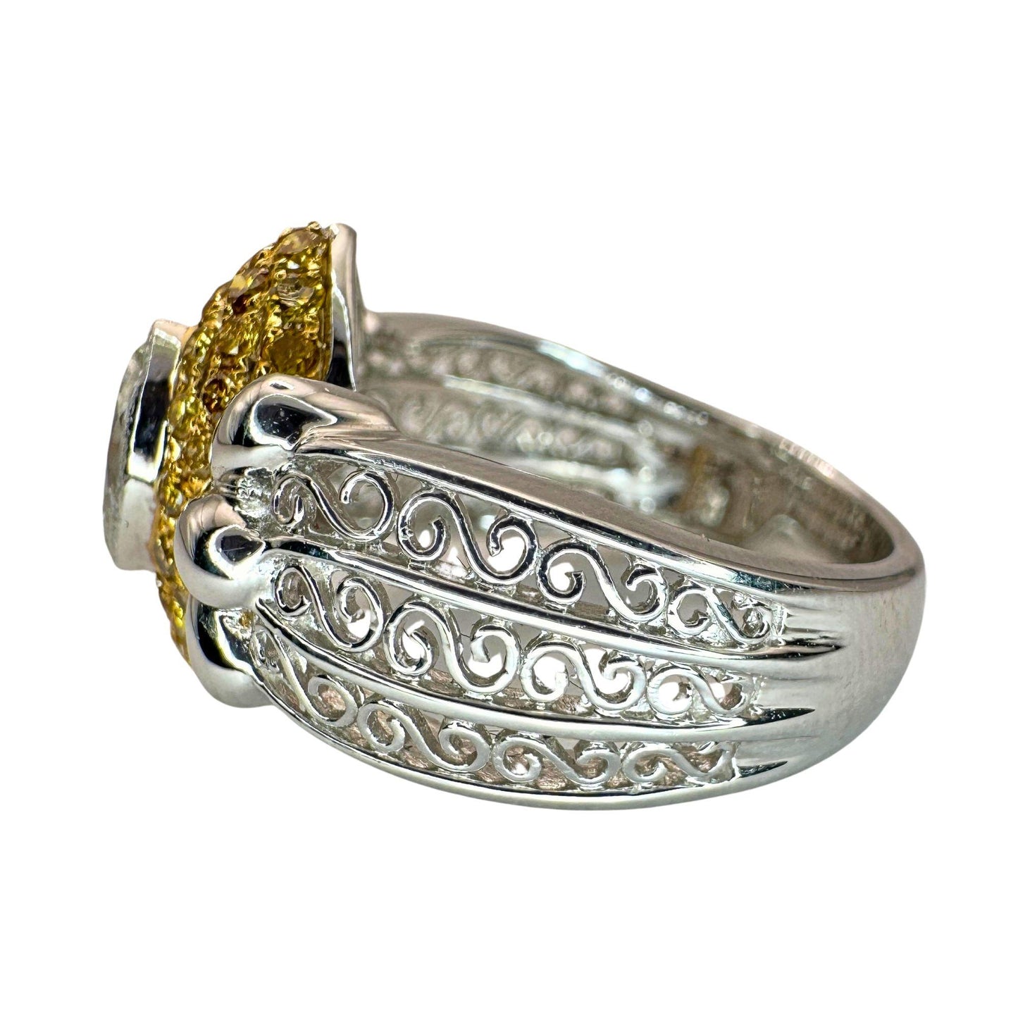 18k North-South Marquise Cut White Diamond and Yellow Diamond Ring