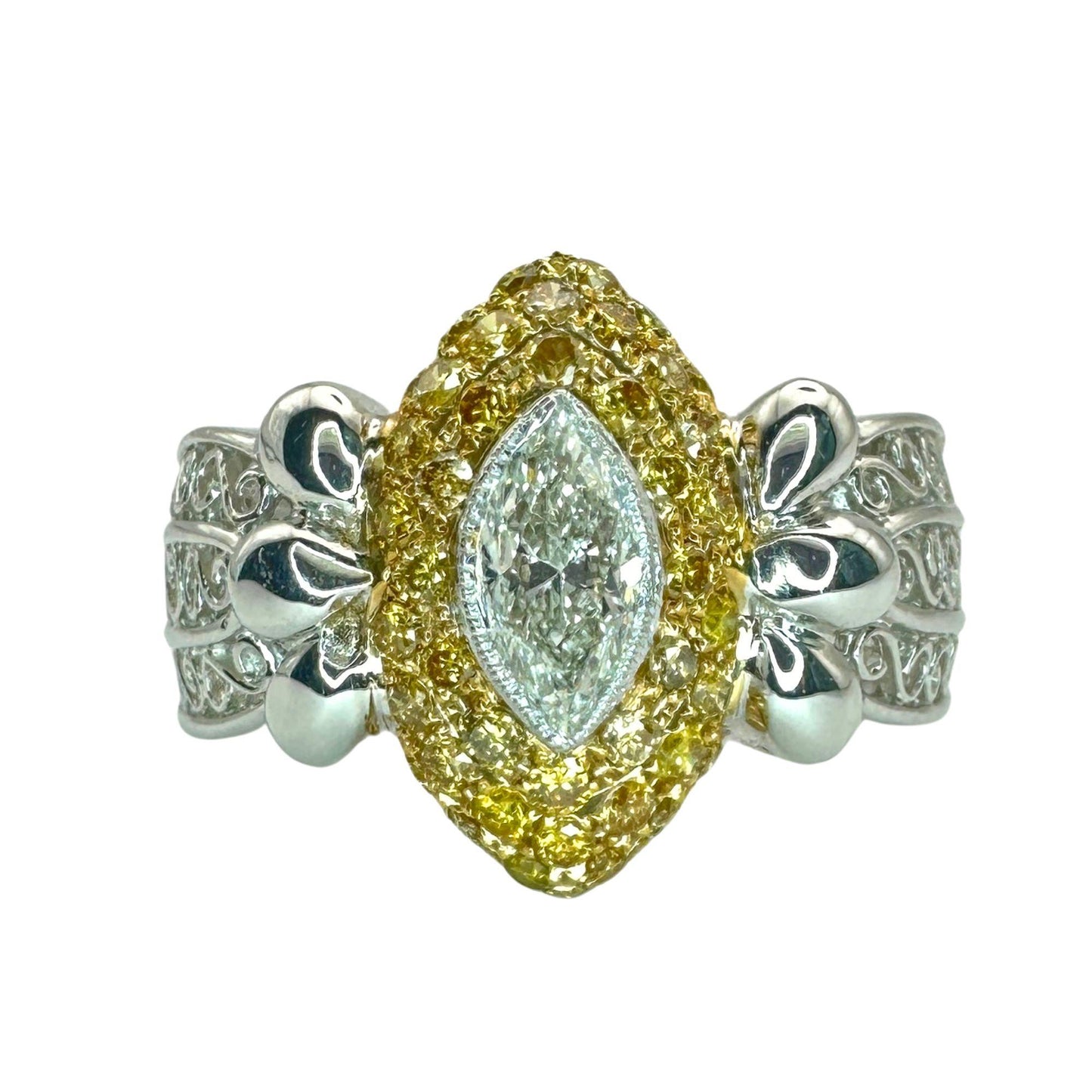 18k North-South Marquise Cut White Diamond and Yellow Diamond Ring