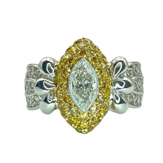 18k North-South Marquise Cut White Diamond and Yellow Diamond Ring