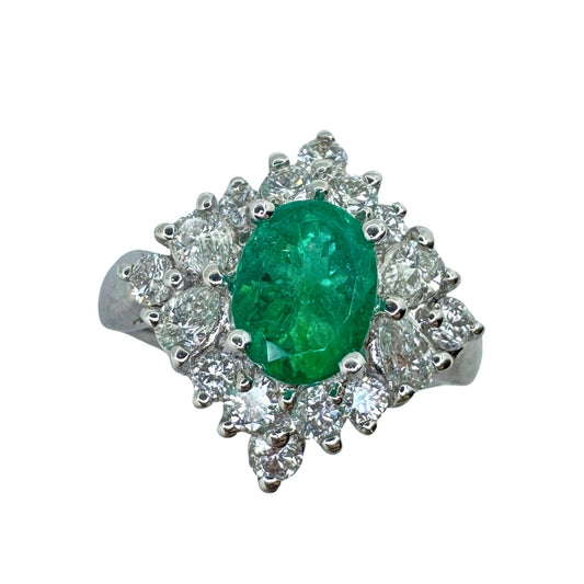 18k Princess Cut Diamond and Oval Emerald Ring
